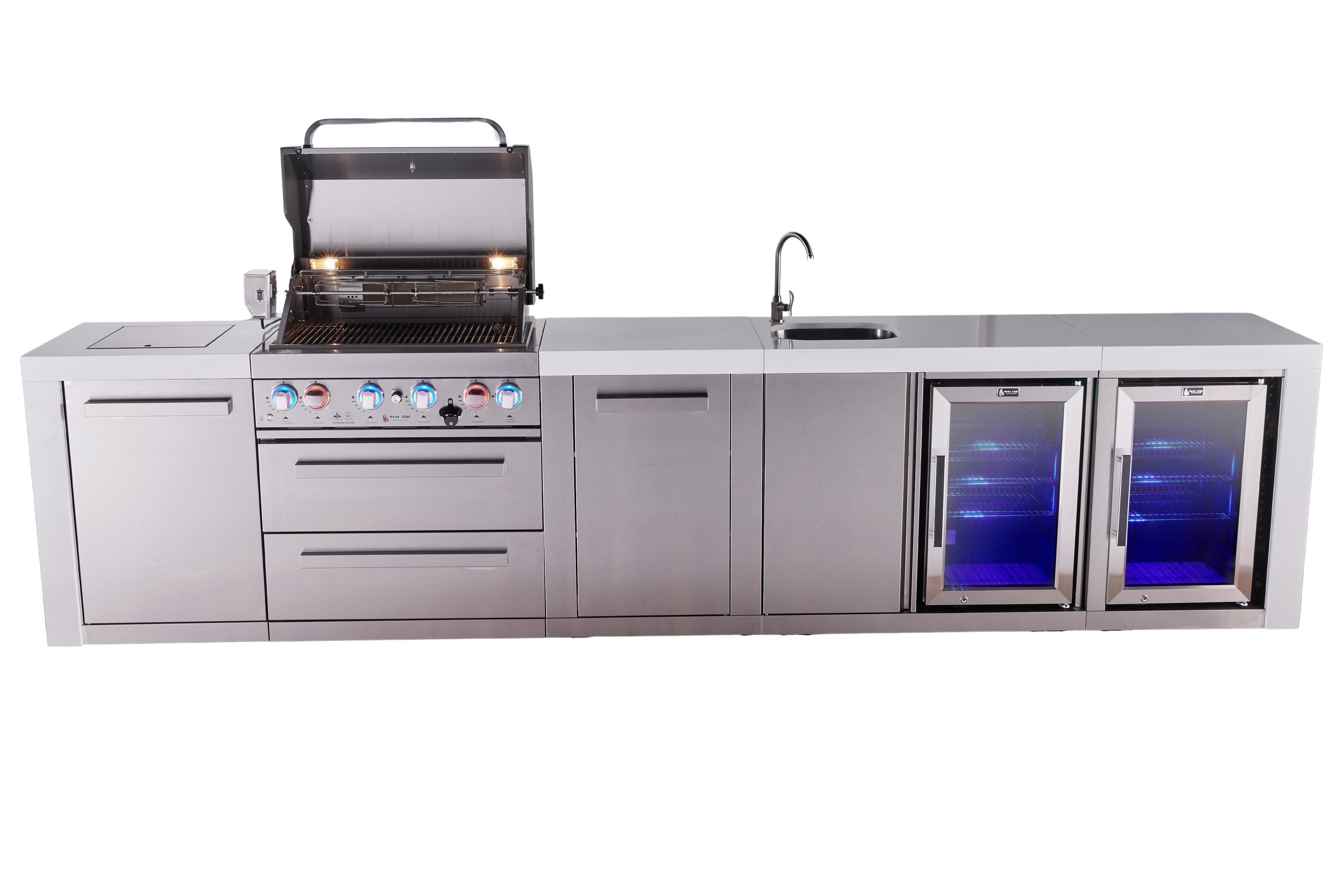 Mont Alpi 4-burner deluxe series outdoor kitchen island with beverage center and corner fridge module plus extra storage cabinet - Mont Alpi Canada