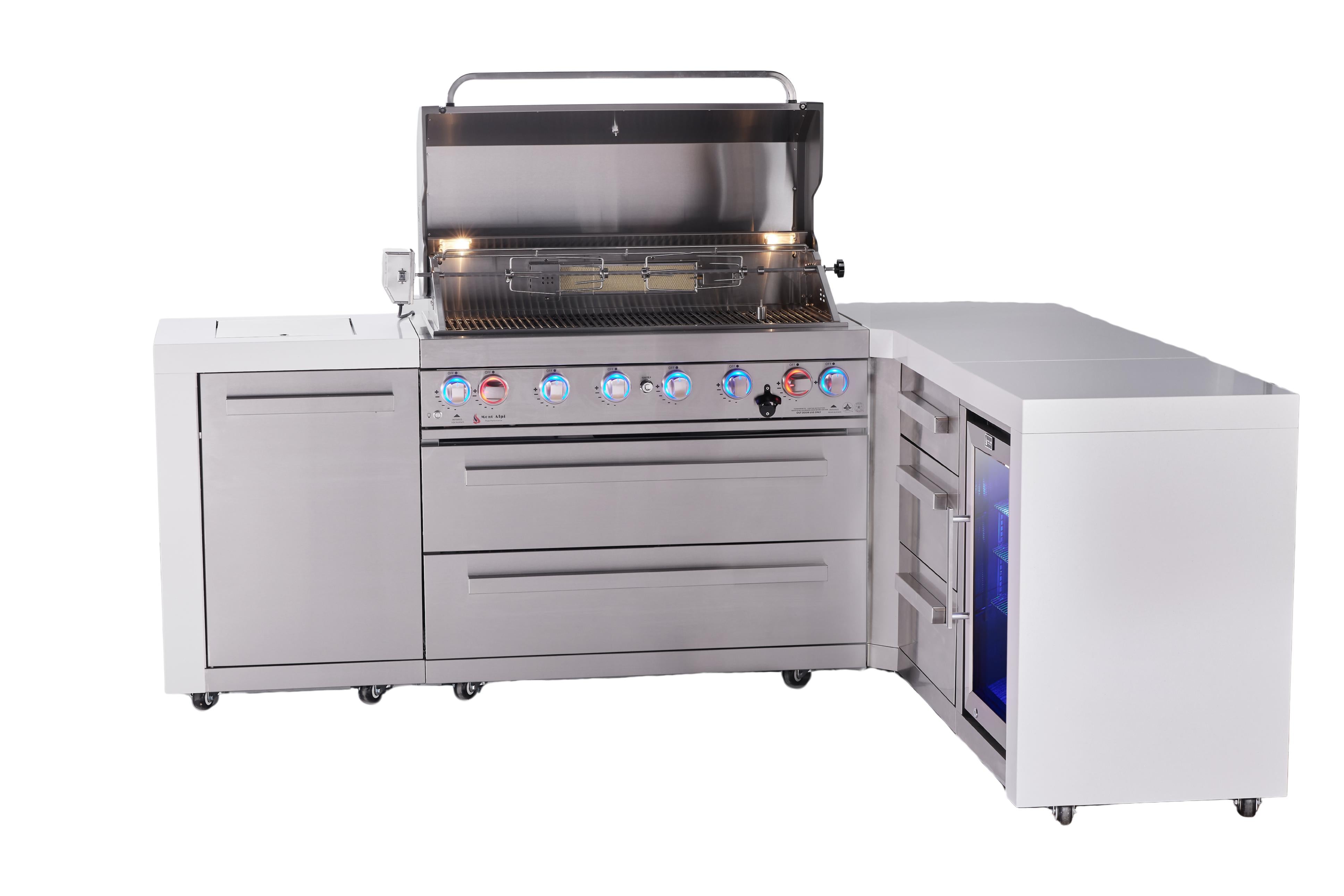 Mont Alpi 6-burner L-shaped deluxe series outdoor kitchen island with corner fridge and extra drawer slides cabinet module - Mont Alpi Canada