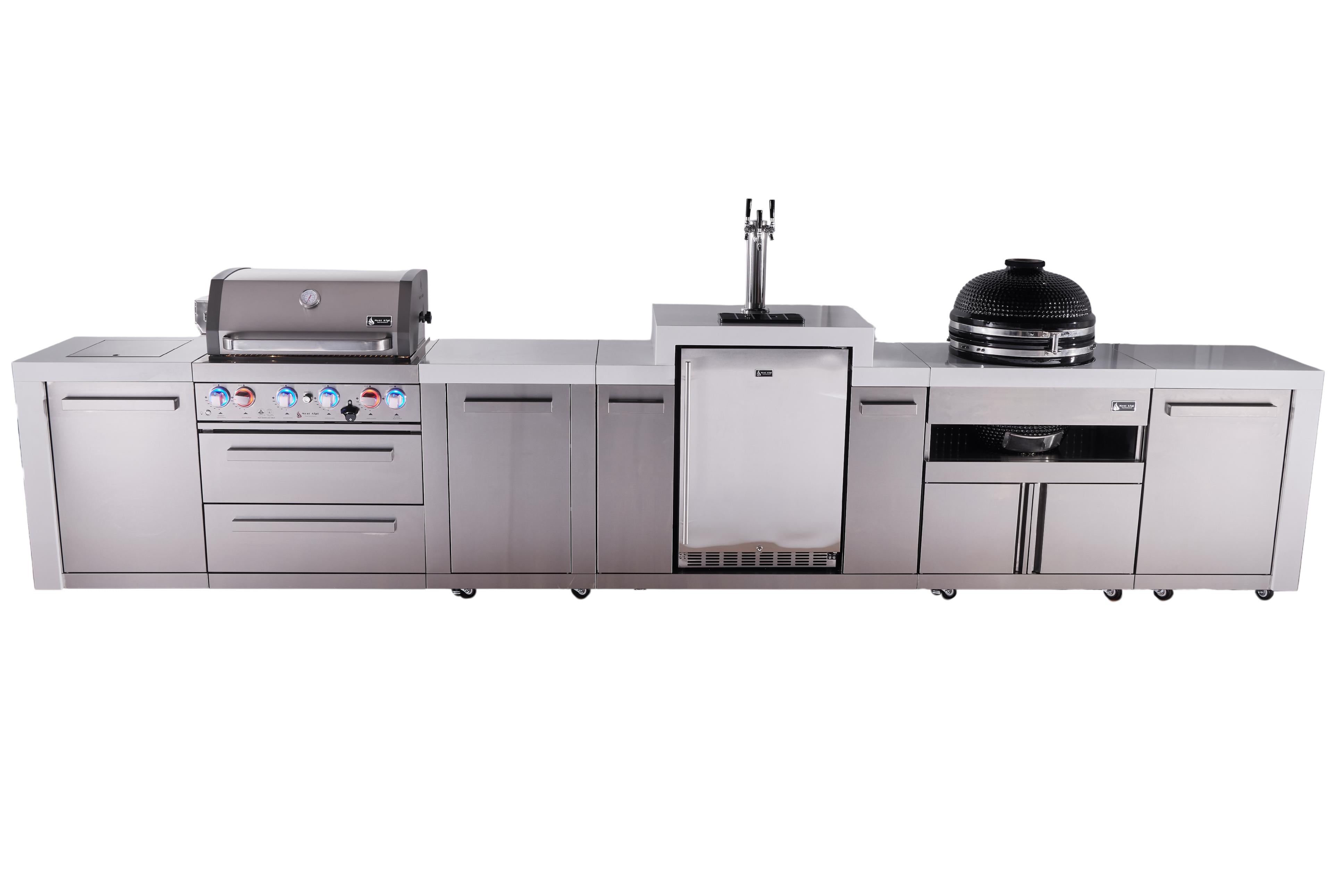 Mont Alpi 4-burner deluxe series outdoor kitchen island with kegerator and kamado module plus extra storage cabinet - Mont Alpi Canada