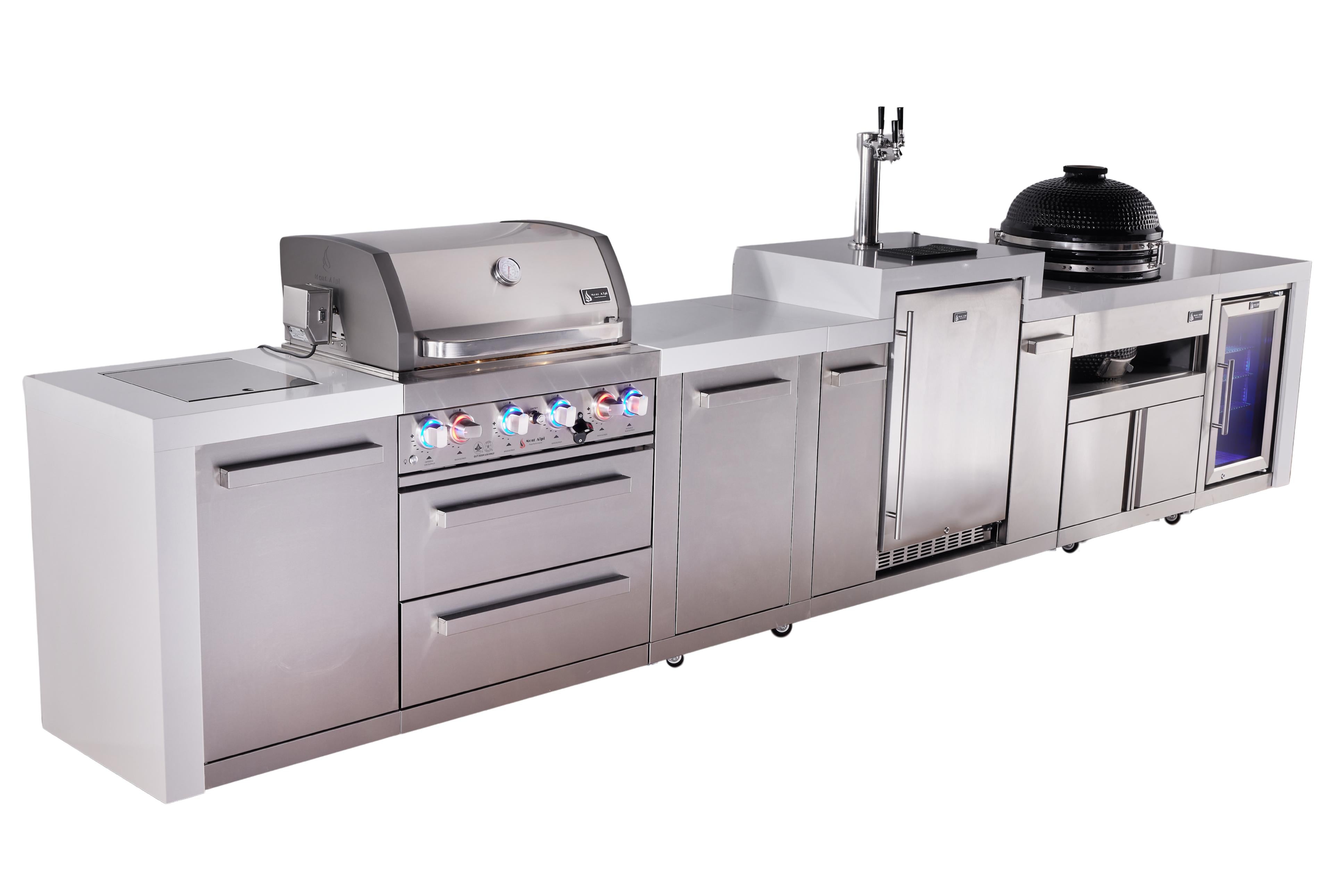 Mont Alpi 4-burner deluxe series outdoor kitchen island with kegerator, kamado module and corner fridge module plus extra storage cabinet - Mont Alpi Canada