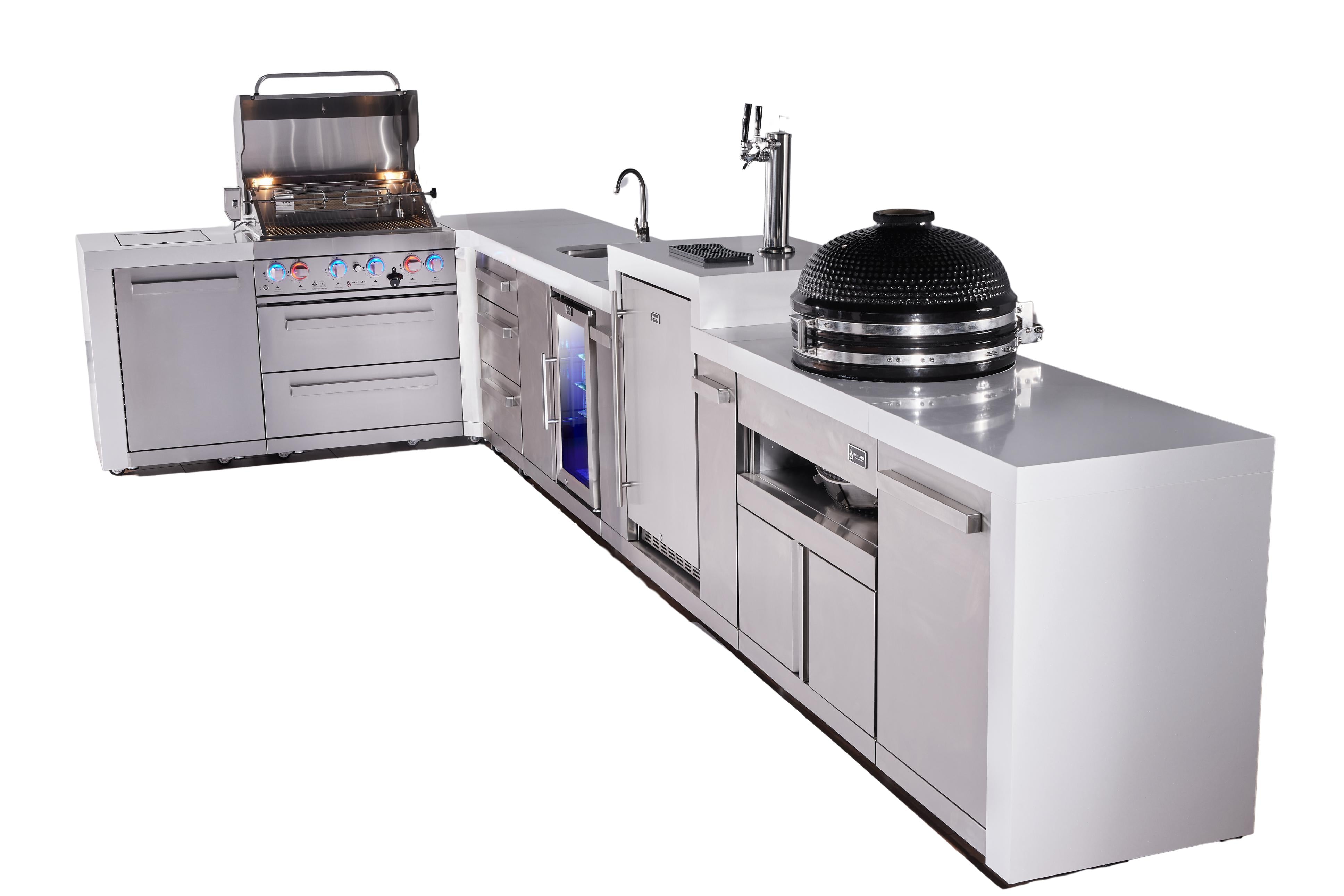 Mont Alpi 4-burner L-shaped deluxe series outdoor kitchen island with beverage center, kegerator, kamado module plus extra drawer slides cabinet - Mont Alpi Canada