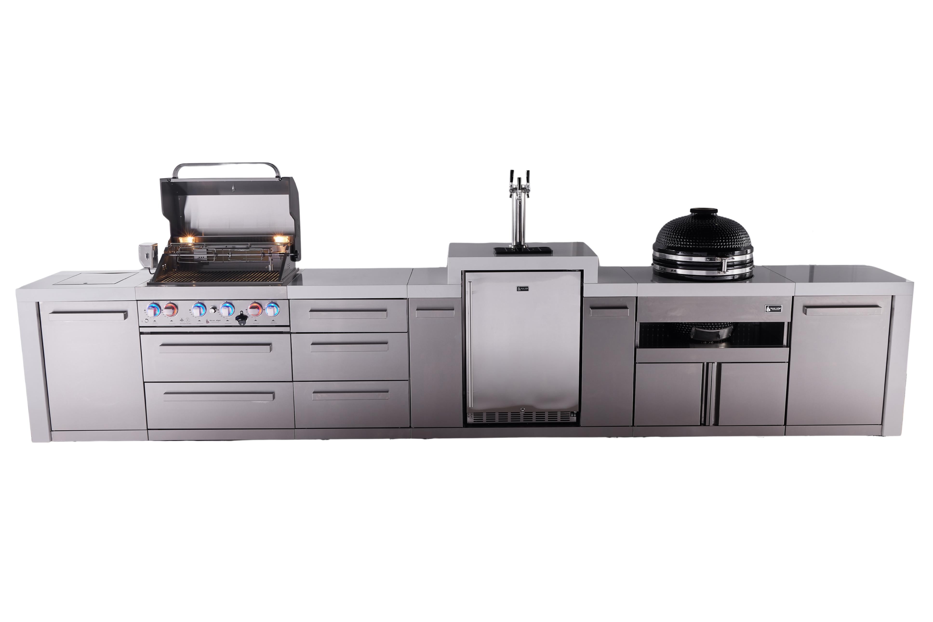 Mont Alpi 4-burner deluxe series outdoor kitchen island with kegerator and kamado grill module plus extra storage drawer slides - Mont Alpi Canada