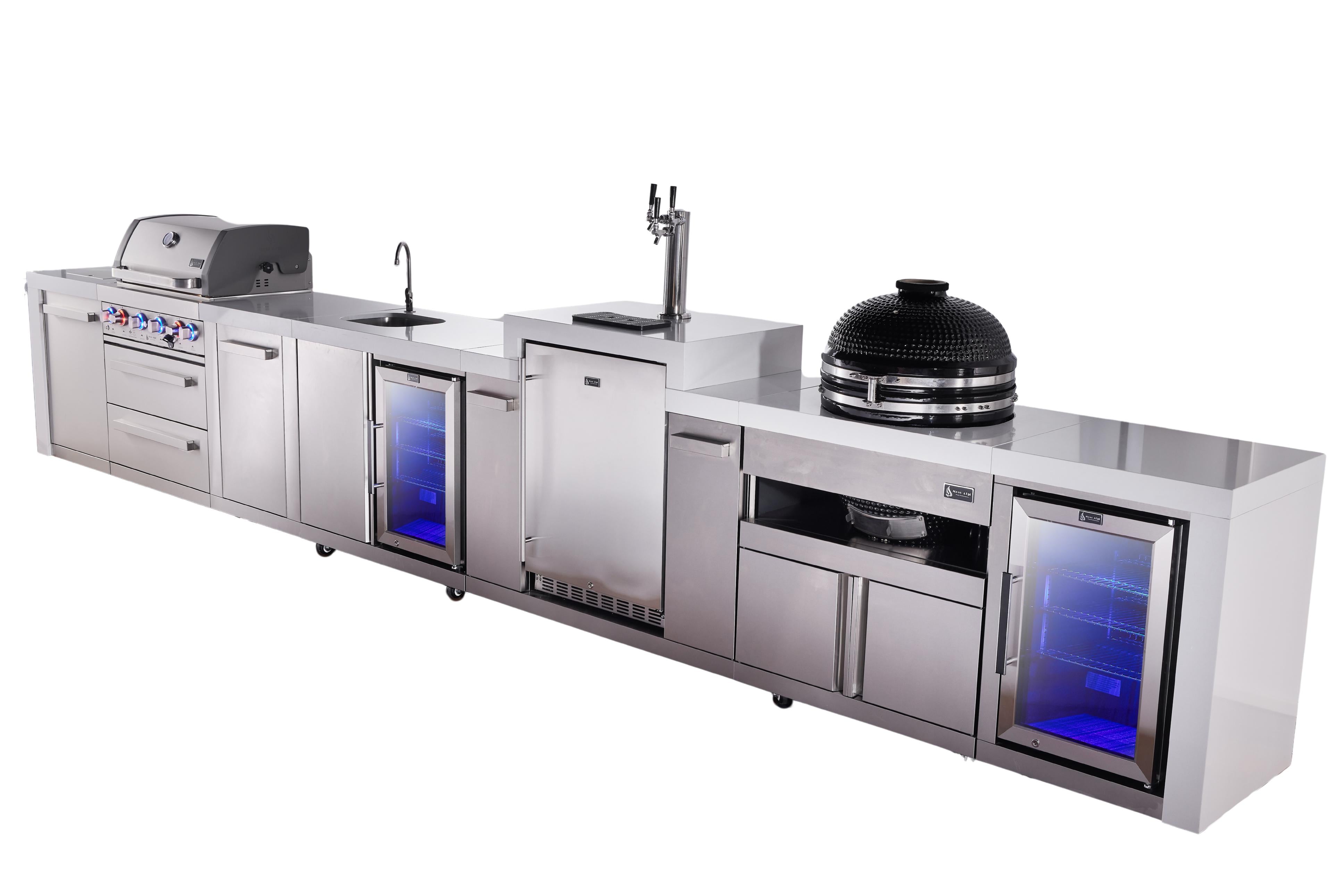 Mont Alpi 4-burner deluxe series outdoor kitchen island with beverage center, kegerator kamado and kamado grill  and corner fridge module plus extra storage cabinet - Mont Alpi Canada