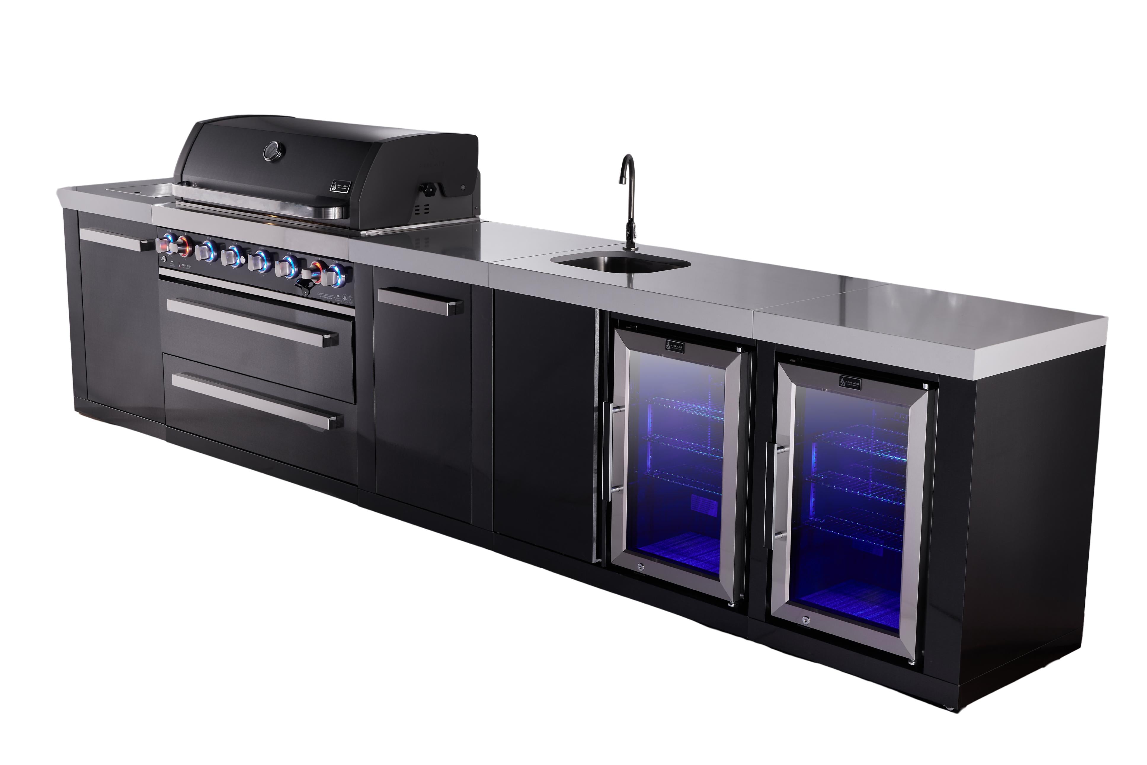 Mont Alpi 6-burner black series outdoor kitchen island with beverage center and corner fridge module plus extra storage cabinet - Mont Alpi Canada