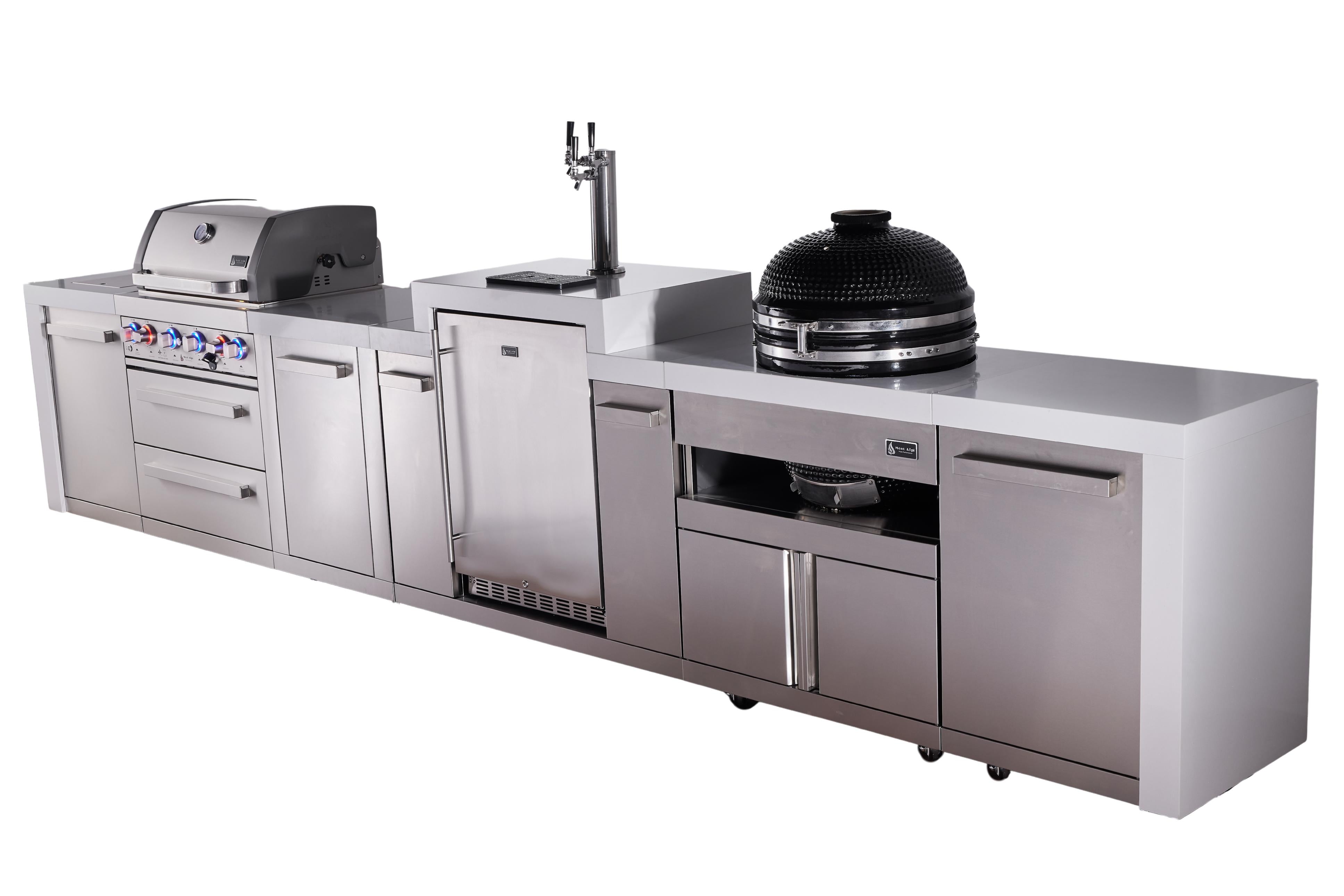 Mont Alpi 4-burner deluxe series outdoor kitchen island with kegerator and kamado module plus extra storage cabinet - Mont Alpi Canada
