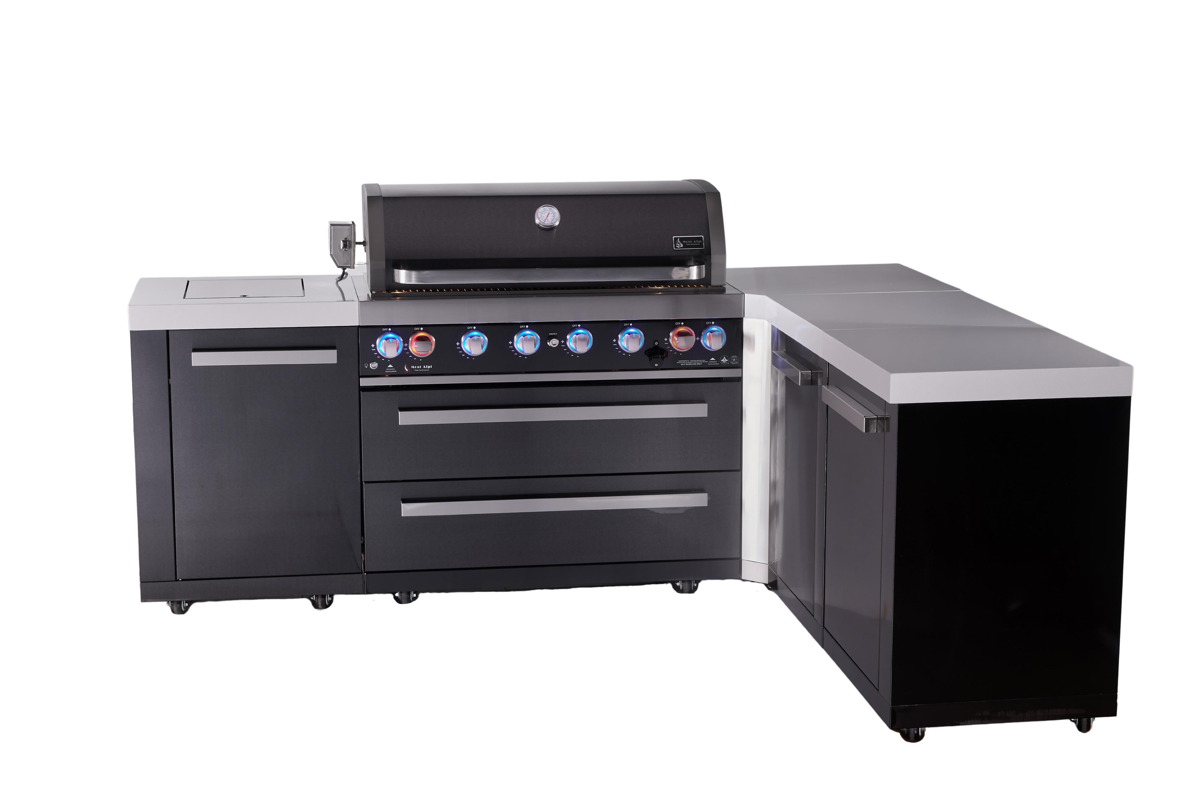 Mont Alpi 6-burner L-shaped black series outdoor kitchen island with extra storage cabinet module - Mont Alpi Canada