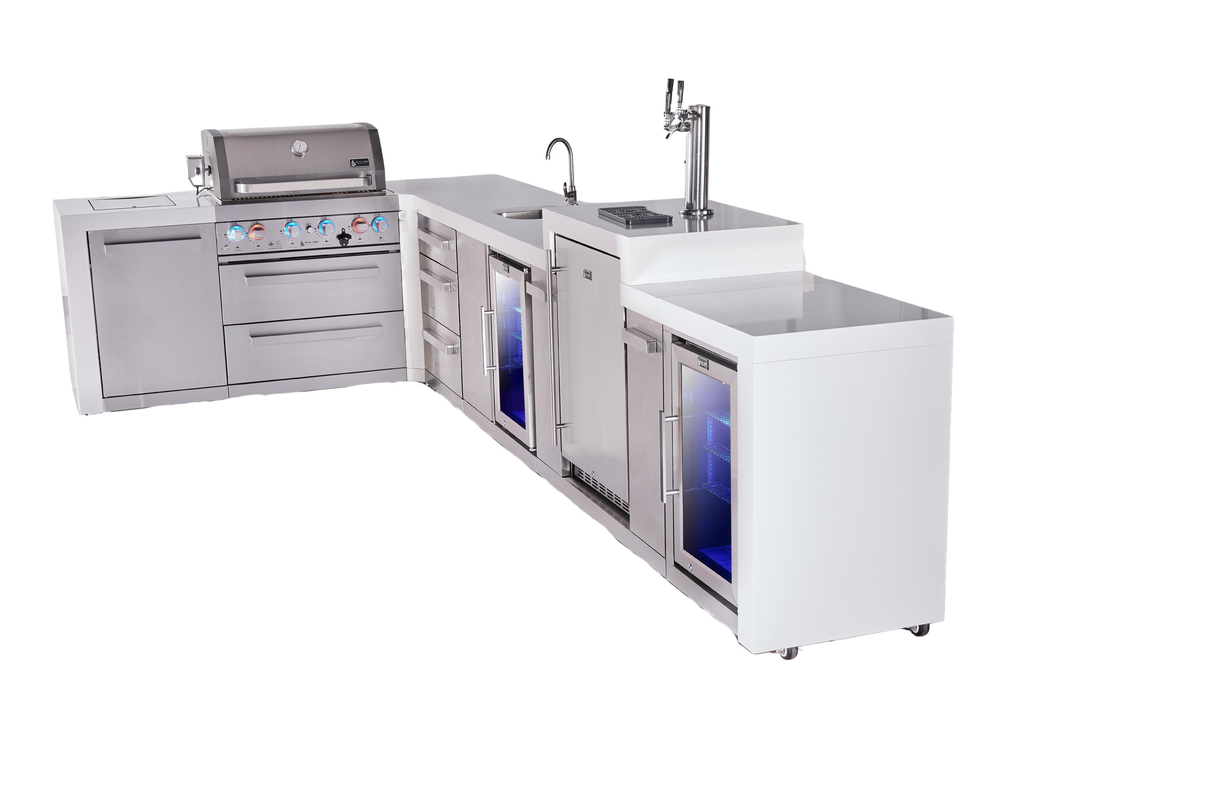Mont Alpi 4-burner L-shaped deluxe series outdoor kitchen island with beverage center, kegerator and corner fridge module plus extra drawer slides cabinet - Mont Alpi Canada