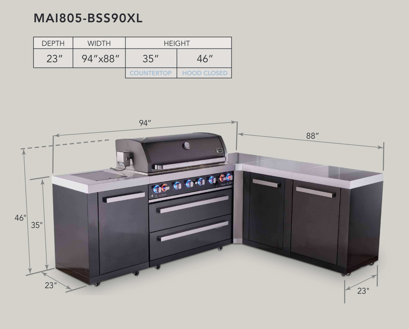 Mont Alpi 6-burner L-shaped black series outdoor kitchen island with extra storage cabinet module - Mont Alpi Canada