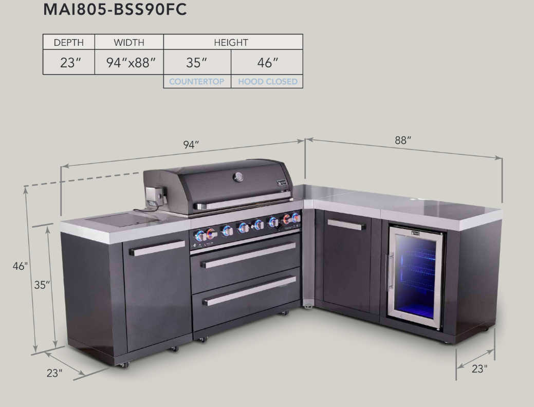 Mont Alpi 6-burner L-shaped black series outdoor kitchen island with extra storage cabinet and corner fridge module - Mont Alpi Canada