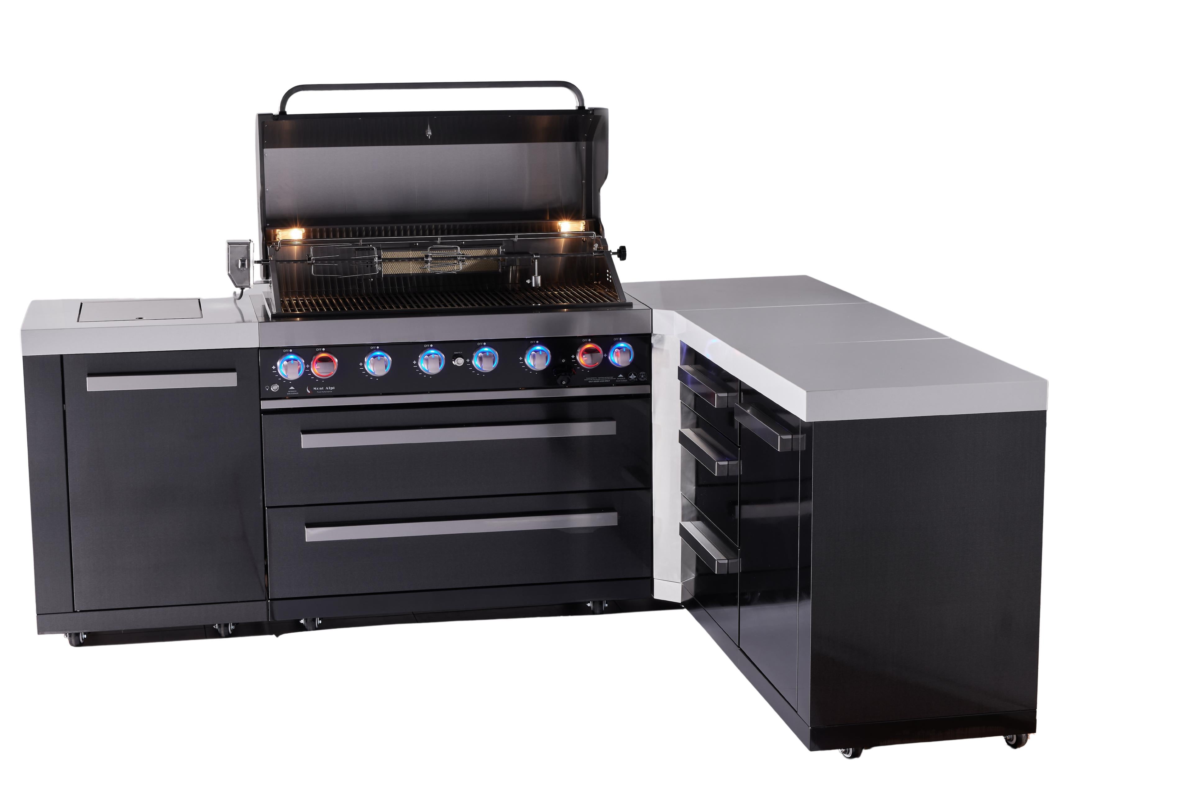 Mont Alpi 6-burner L-shaped black series outdoor kitchen island with extra drawer slides cabinet module - Mont Alpi Canada