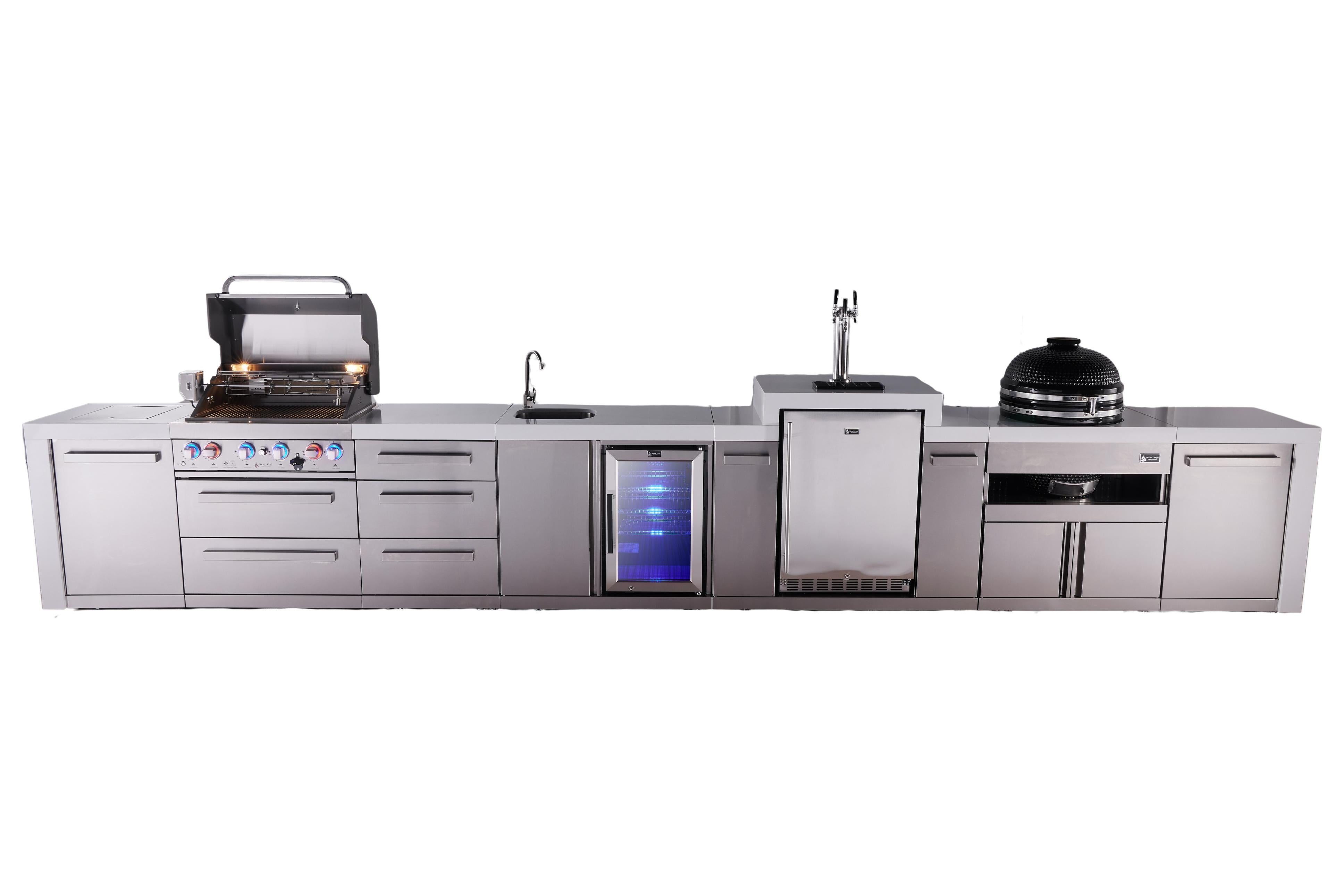 Mont Alpi 4-burner deluxe series outdoor kitchen island with beverage center, kegerator and kamado grill module plus extra storage drawer slides - Mont Alpi Canada