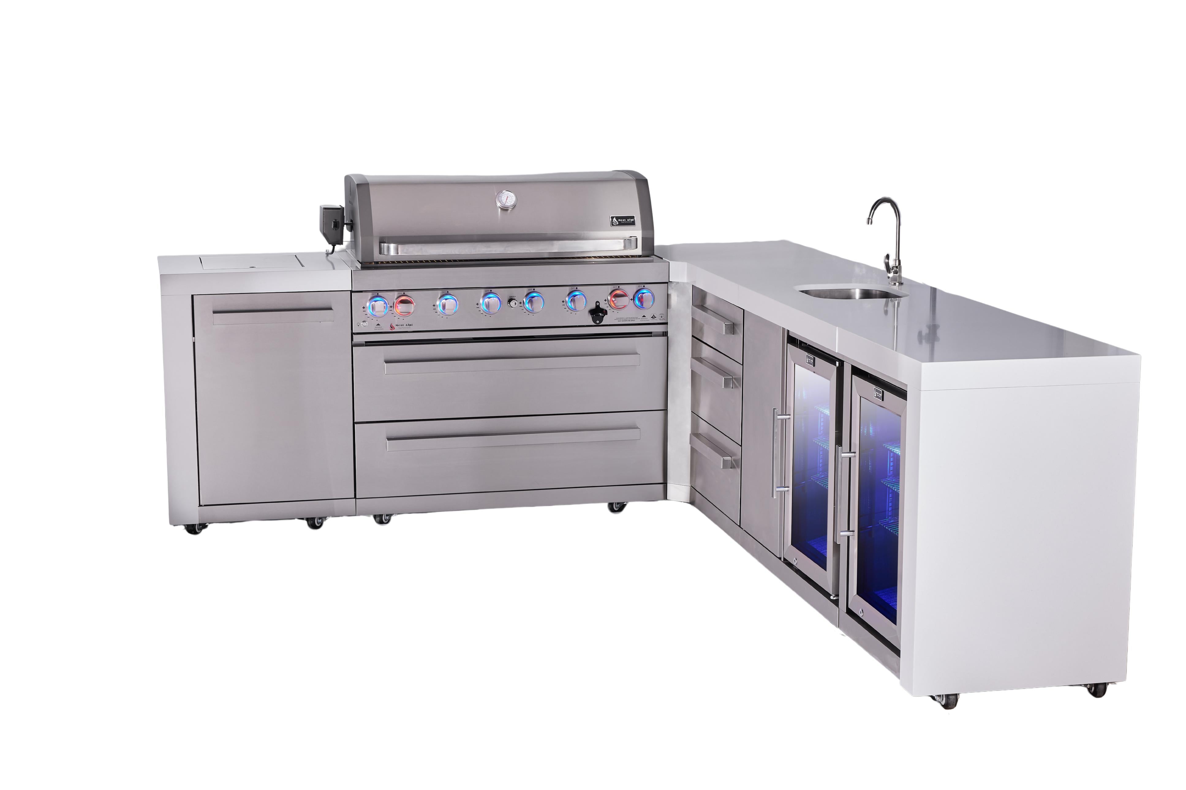 Mont Alpi 6-burner L-shaped deluxe series outdoor kitchen island with beverage center and corner fridge module plus extra drawer slides cabinet - Mont Alpi Canada