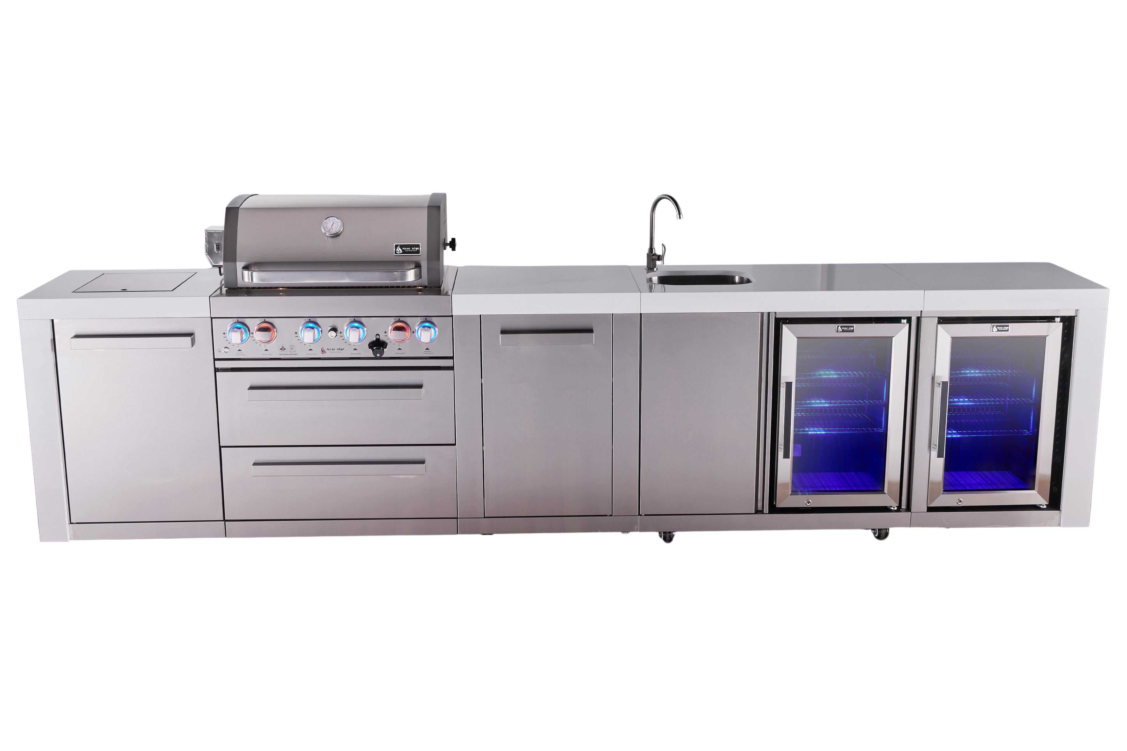Mont Alpi 4-burner deluxe series outdoor kitchen island with beverage center and corner fridge module plus extra storage cabinet - Mont Alpi Canada