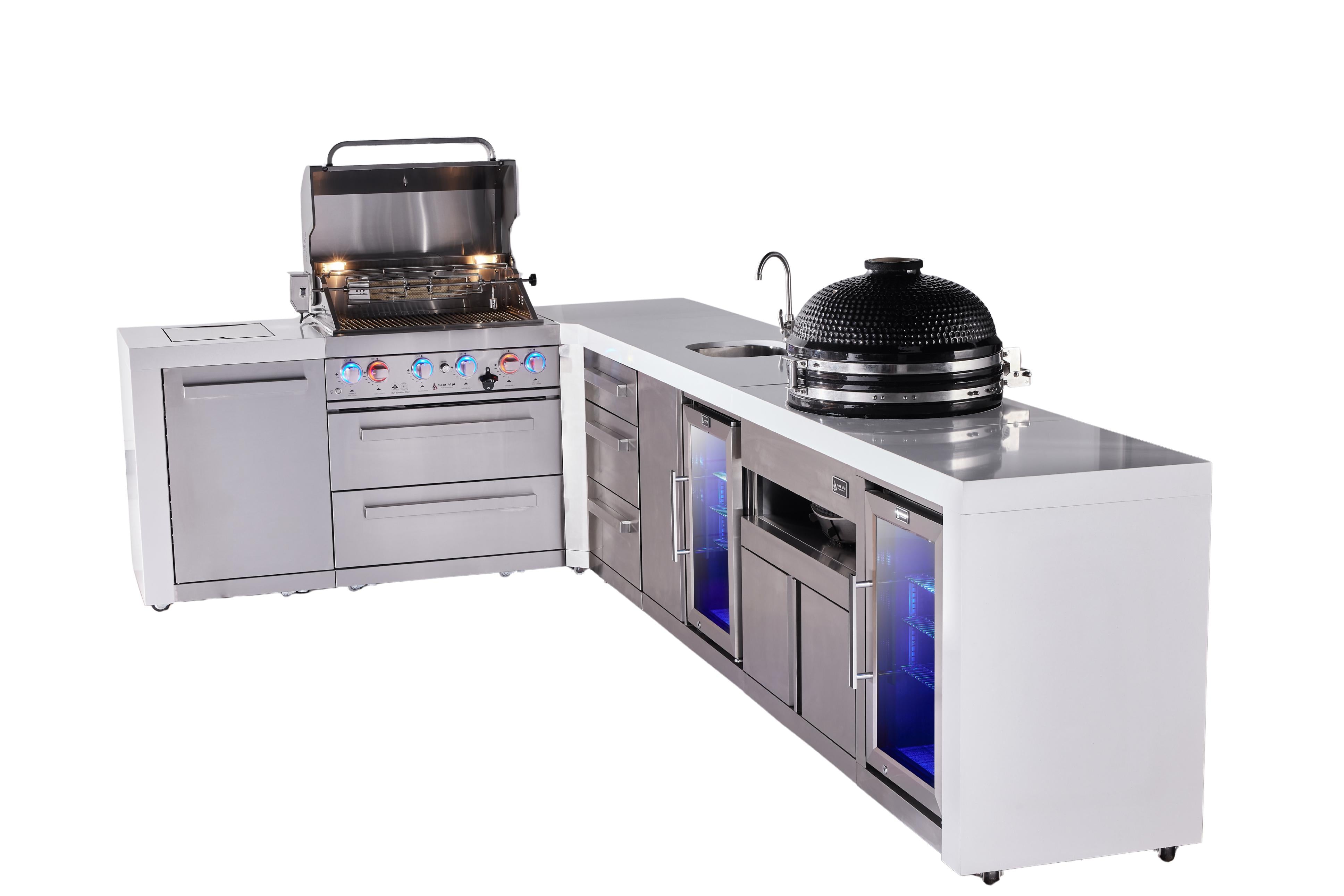 Mont Alpi 4-burner L-shaped deluxe series outdoor kitchen island with beverage center, kamado and corner fridge module plus extra drawer slides cabinet - Mont Alpi Canada