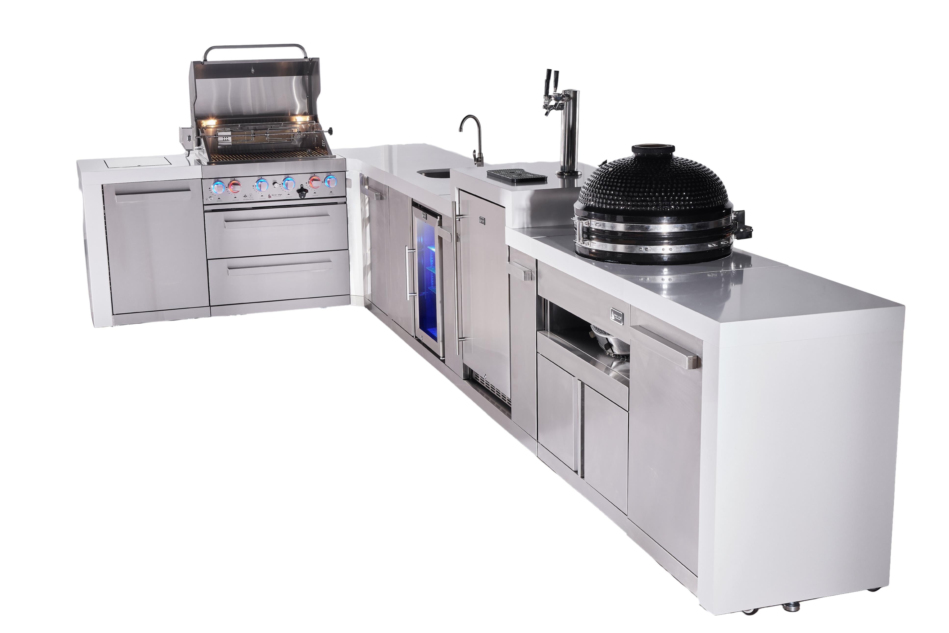 Mont Alpi 4-burner L-shaped deluxe series outdoor kitchen island with beverage center, kegerator, kamado module plus extra storage cabinet - Mont Alpi Canada