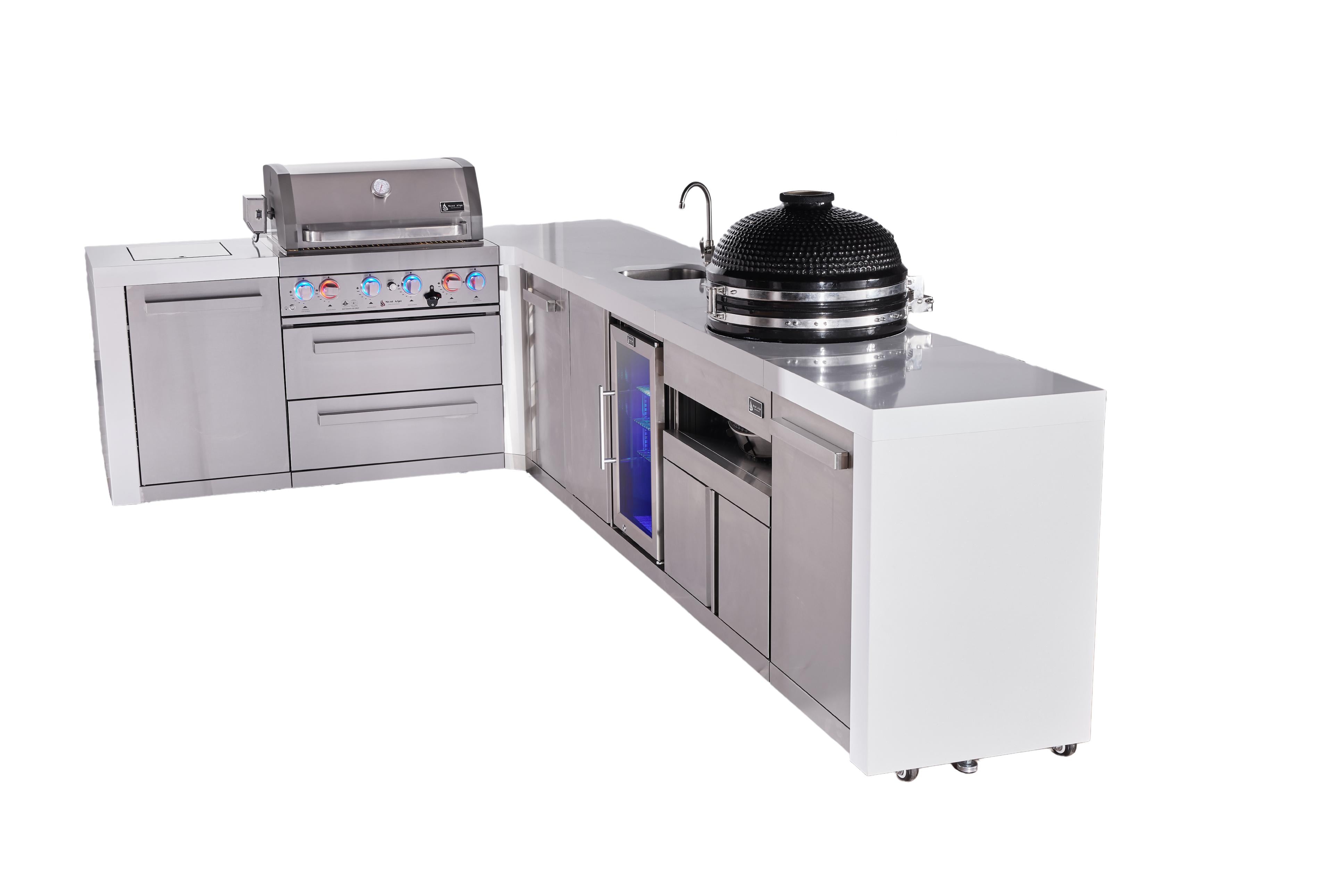Mont Alpi 4-burner L-shaped deluxe series outdoor kitchen island with beverage center and kamado module plus extra storage cabinet - Mont Alpi Canada