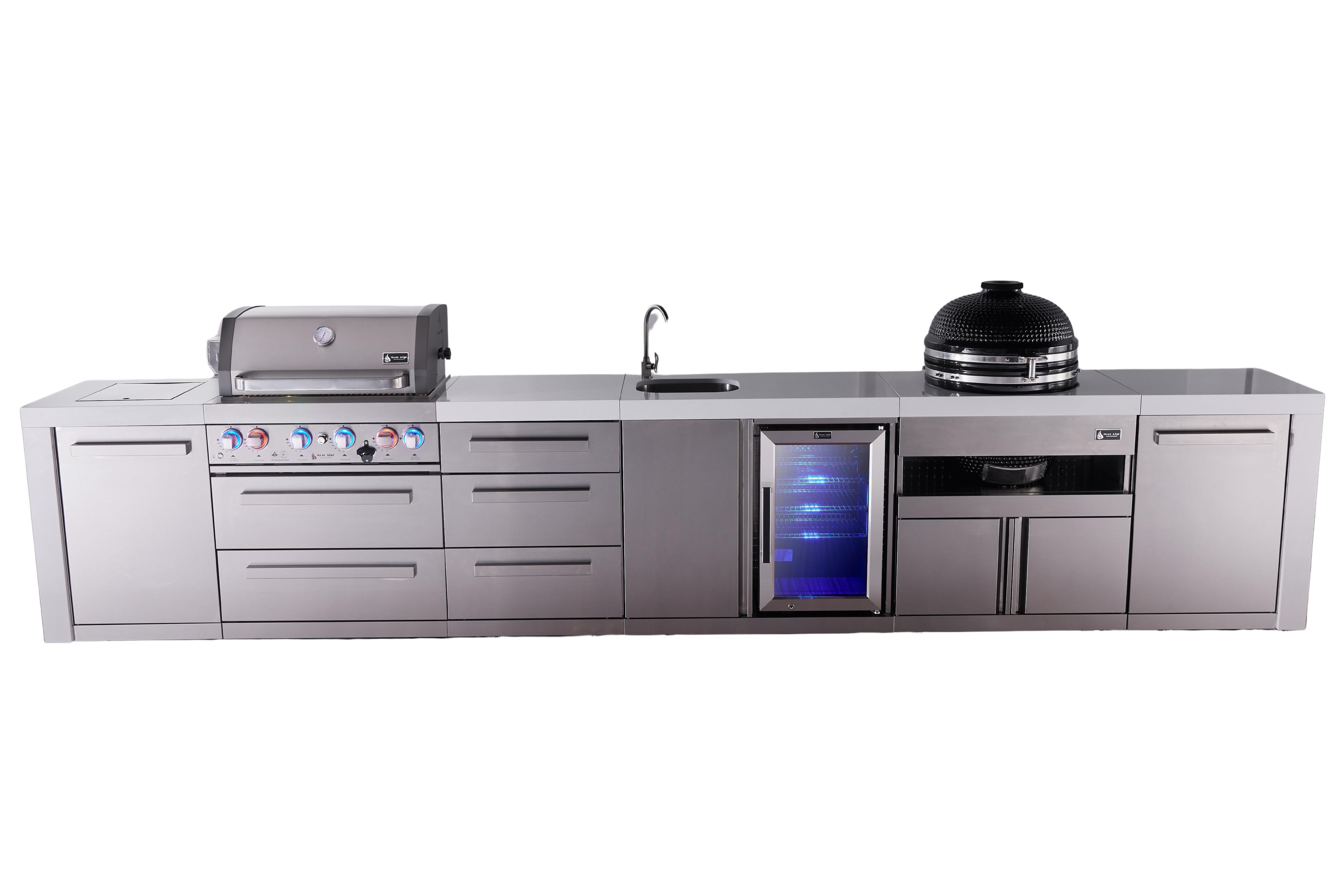 Mont Alpi 4-burner deluxe series outdoor kitchen island with beverage center and kamado grill module plus extra storage drawer slides - Mont Alpi Canada