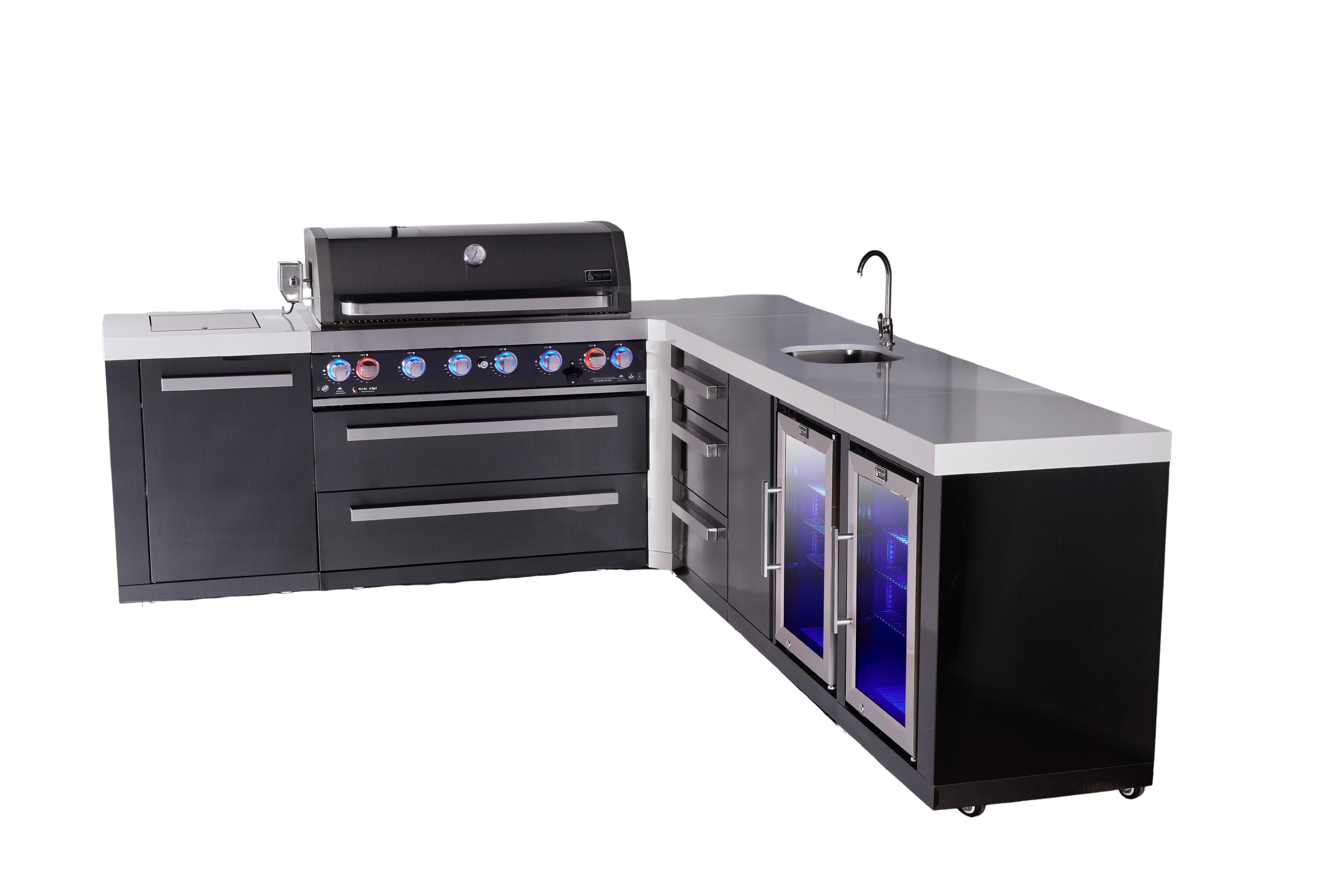 Mont Alpi 6-burner L-shaped black series outdoor kitchen island with beverage center and corner fridge module plus extra drawer slides cabinet - Mont Alpi Canada