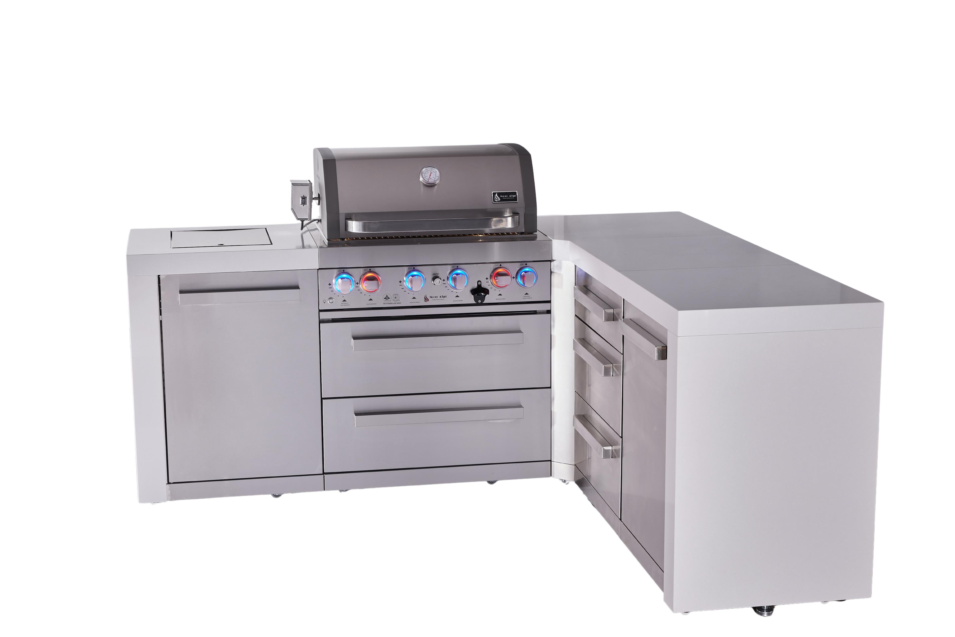 Mont Alpi 4-burner L-shaped deluxe series outdoor kitchen island with extra drawer slides cabinet module - Mont Alpi Canada