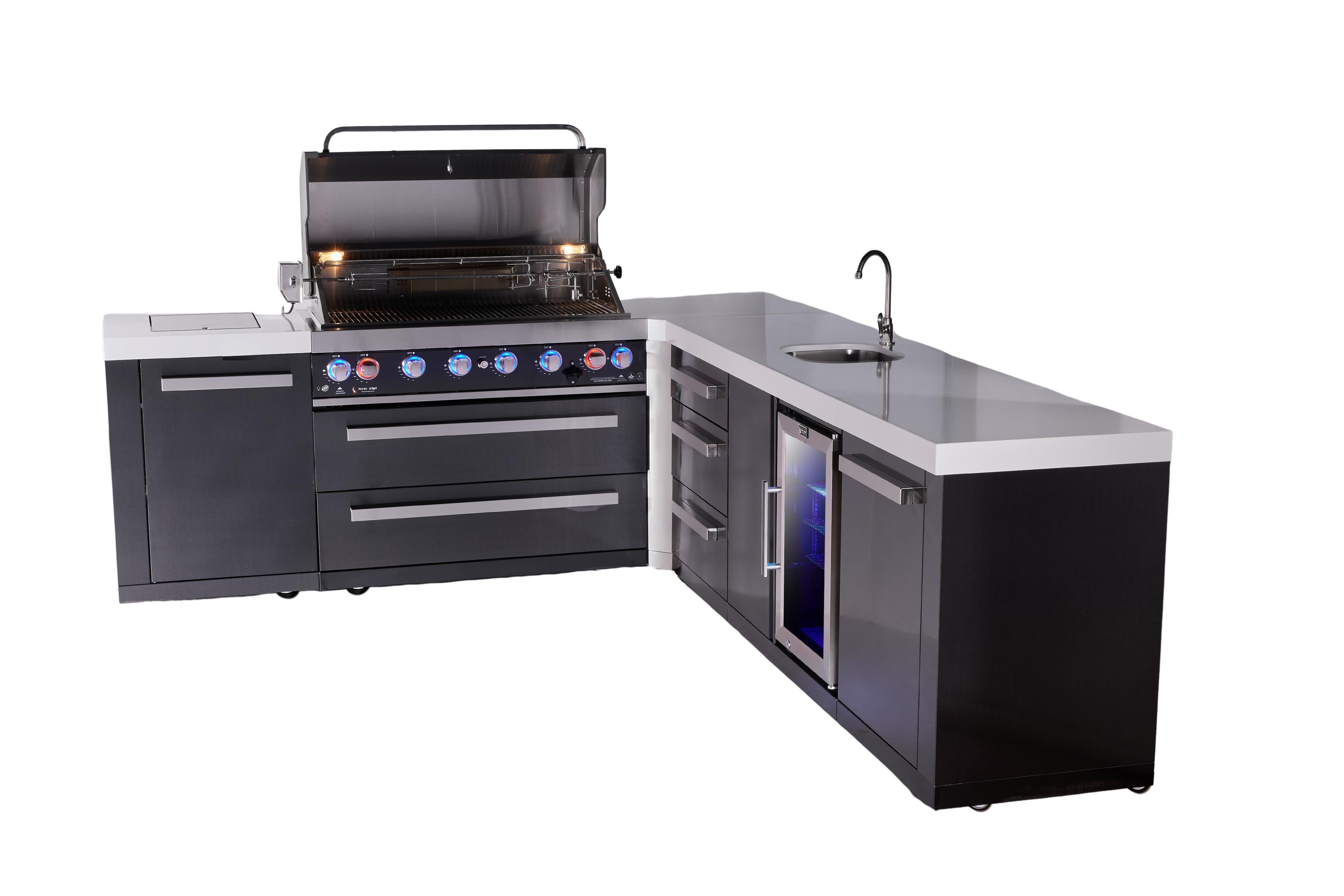 Mont Alpi 6-burner L-shaped black series outdoor kitchen island with beverage center and extra drawer slides cabinet module - Mont Alpi Canada