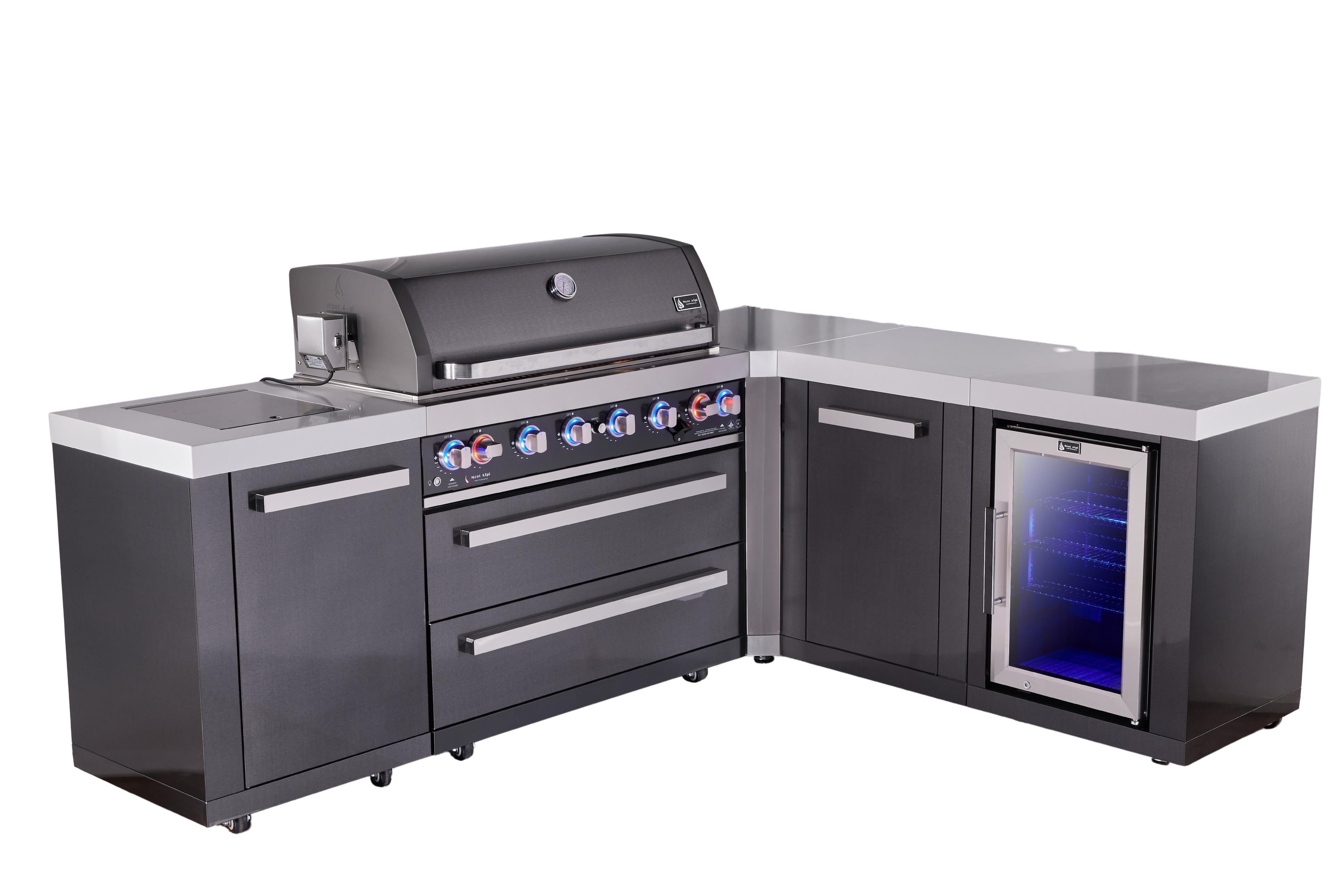 Mont Alpi 6-burner L-shaped black series outdoor kitchen island with extra storage cabinet and corner fridge module - Mont Alpi Canada