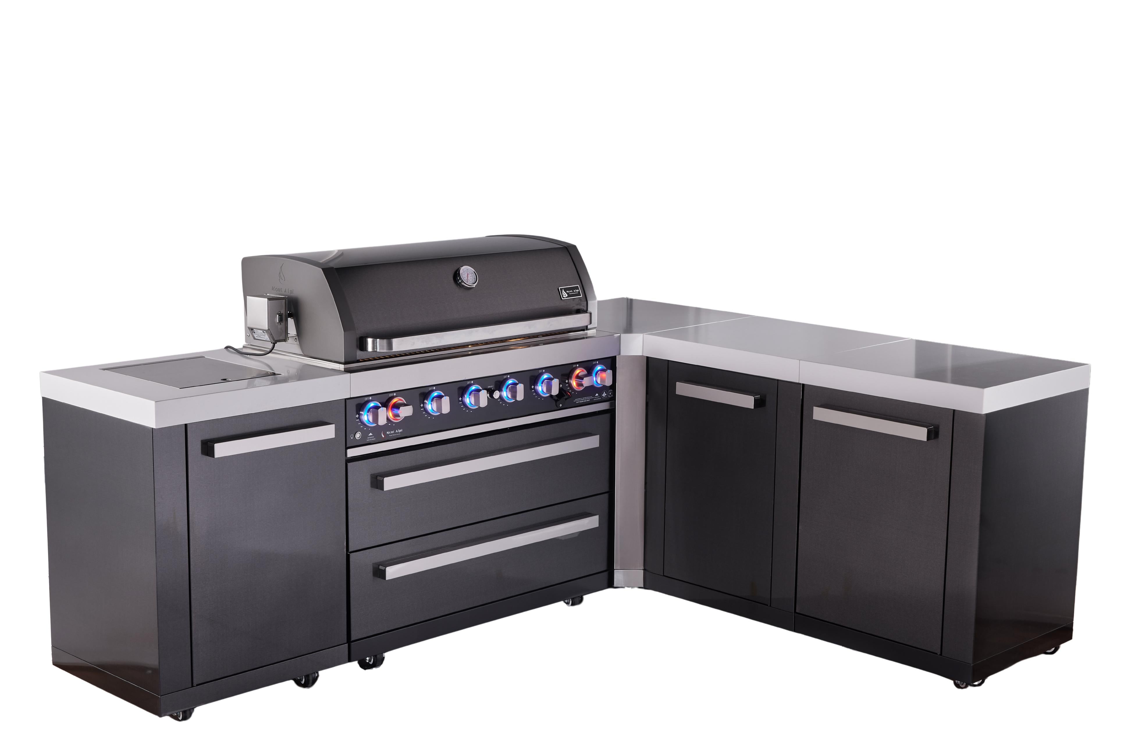 Mont Alpi 6-burner L-shaped black series outdoor kitchen island with extra storage cabinet module - Mont Alpi Canada
