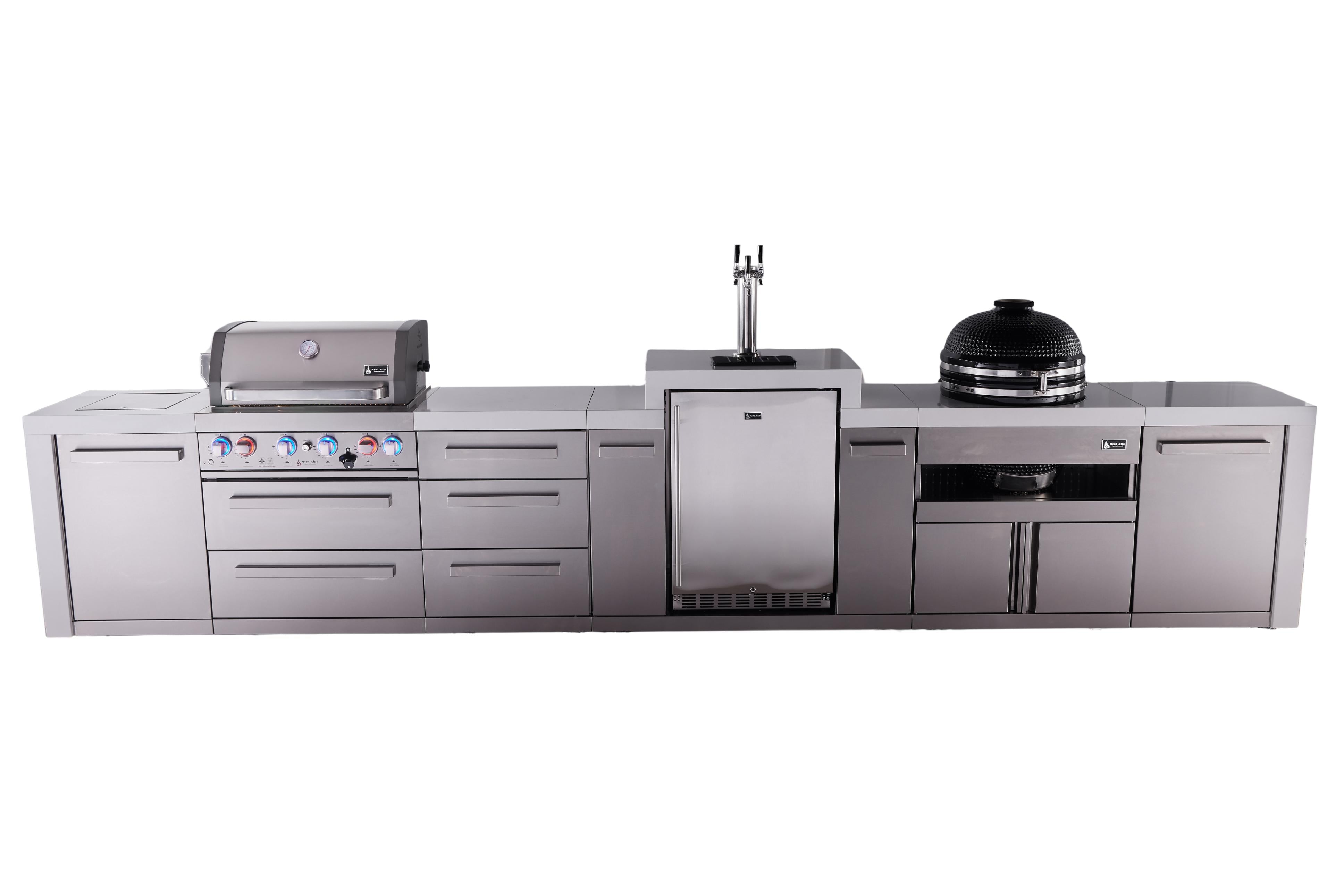 Mont Alpi 4-burner deluxe series outdoor kitchen island with kegerator and kamado grill module plus extra storage drawer slides - Mont Alpi Canada