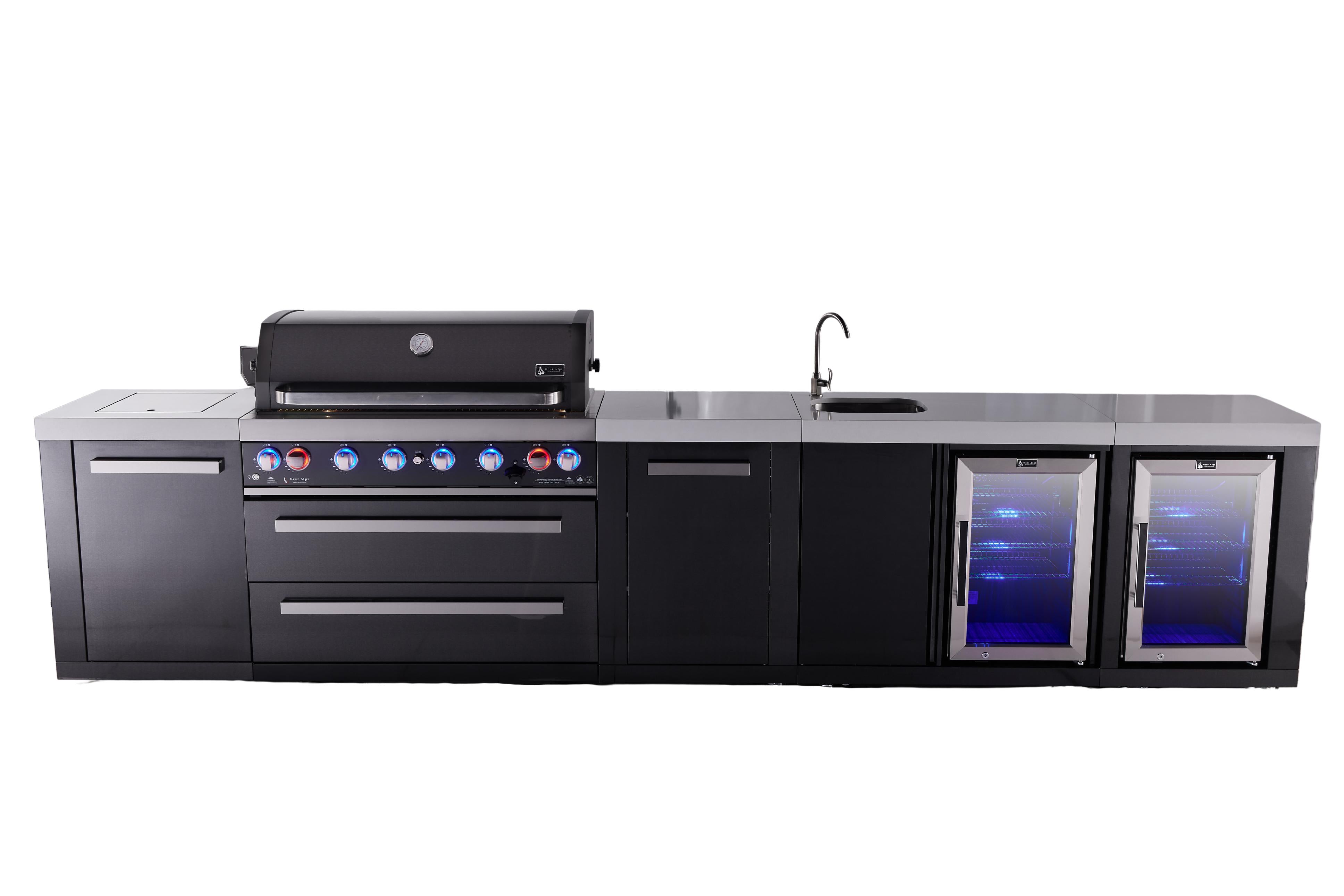 Mont Alpi 6-burner black series outdoor kitchen island with beverage center and corner fridge module plus extra storage cabinet - Mont Alpi Canada