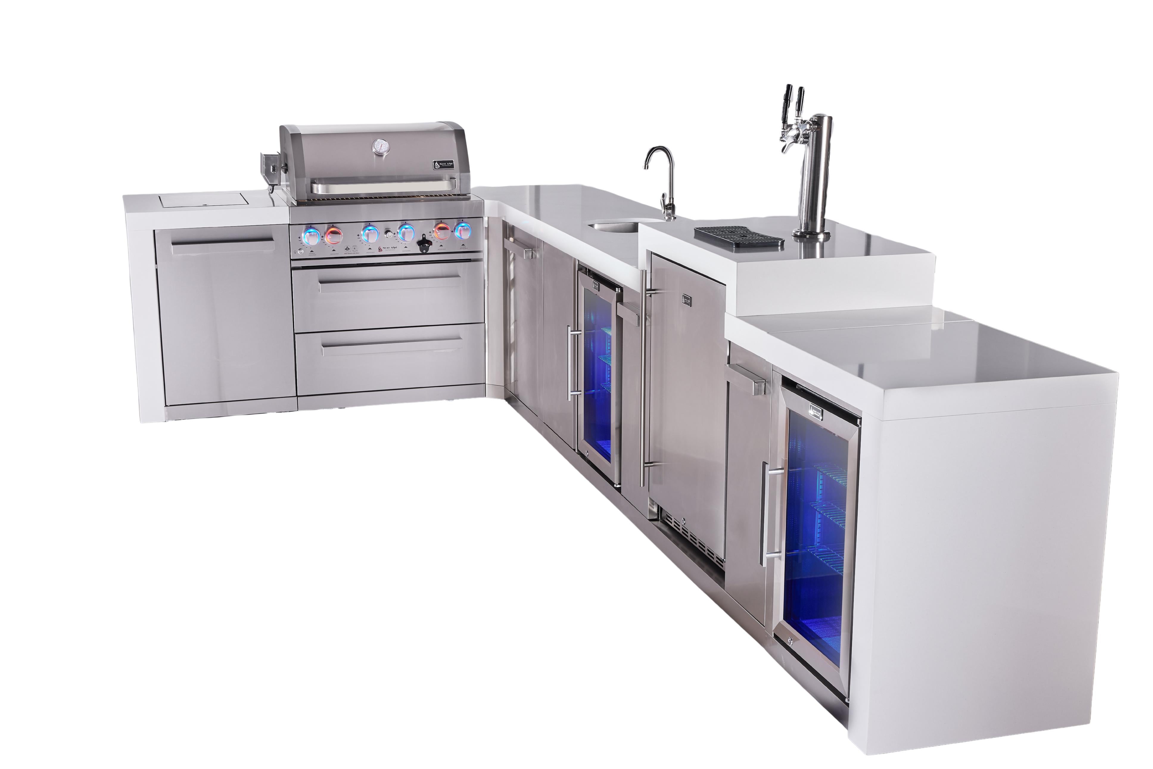 Mont Alpi 4-burner L-shaped deluxe series outdoor kitchen island with beverage center, kegerator and corner fridge module plus extra storage cabinet - Mont Alpi Canada