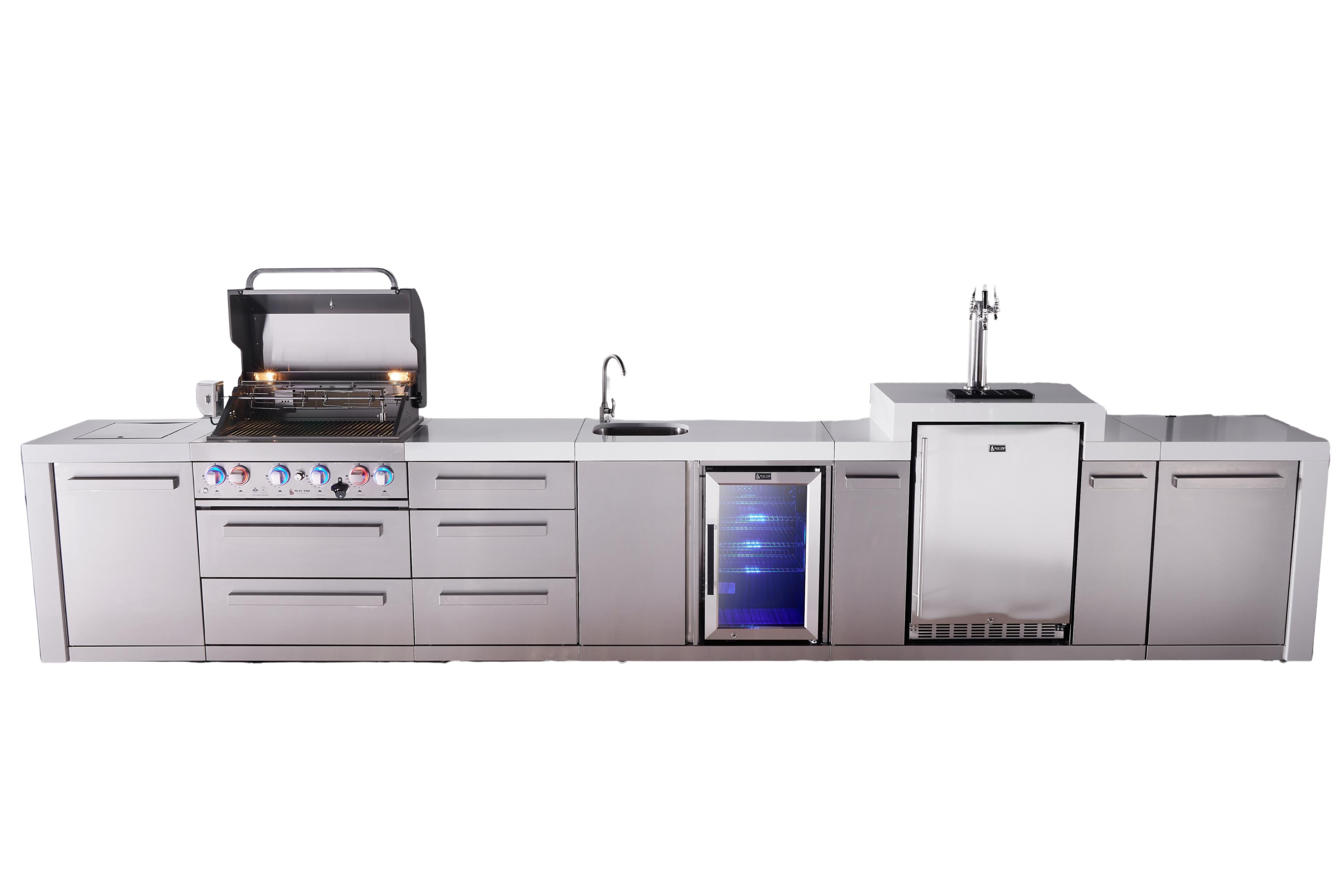 Mont Alpi 4-burner deluxe series outdoor kitchen island with beverage center and kegerator module plus extra storage drawer slides - Mont Alpi Canada