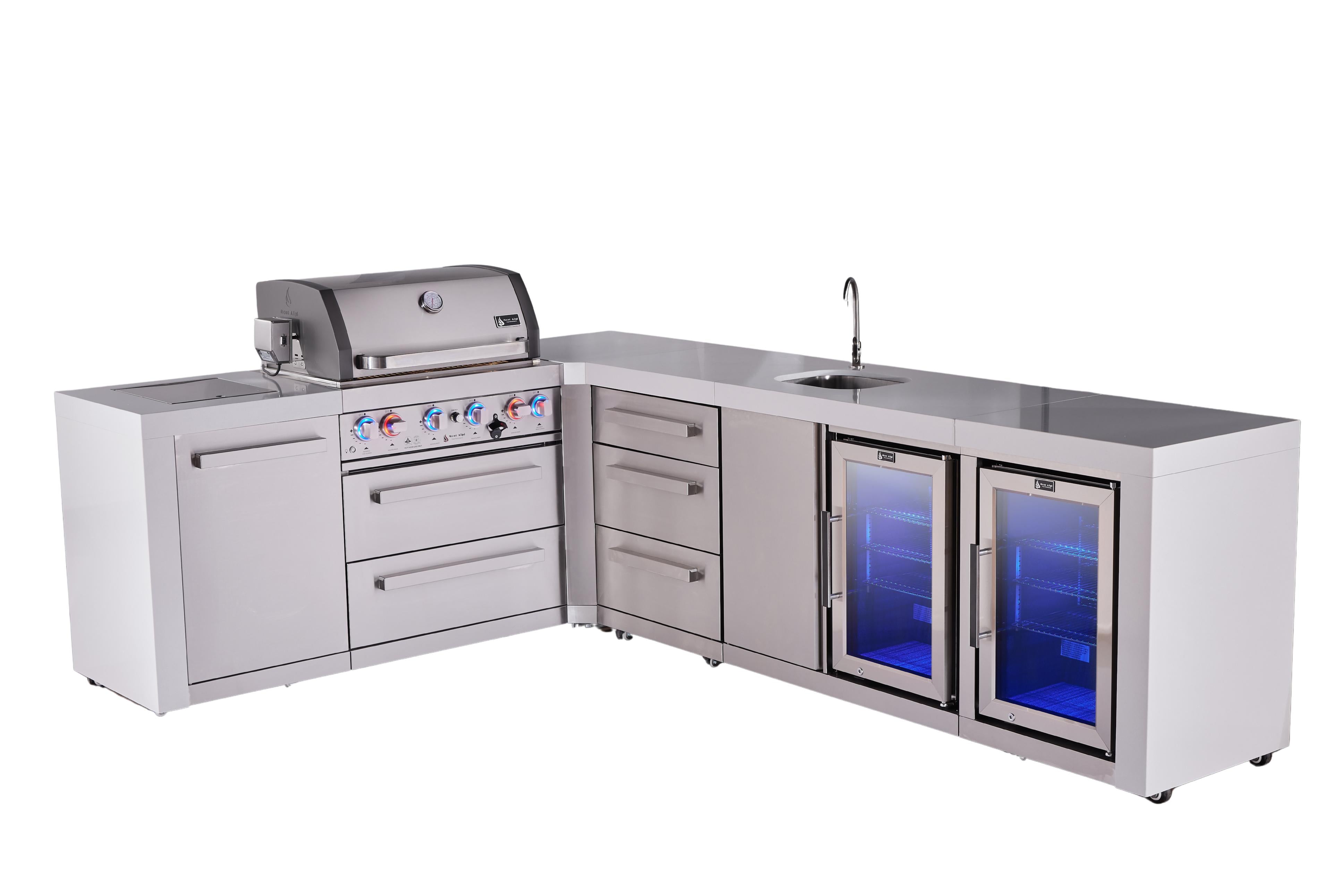 Mont Alpi 4-burner L-shaped deluxe series outdoor kitchen island with beverage center and corner fridge module plus extra drawer slides - Mont Alpi Canada