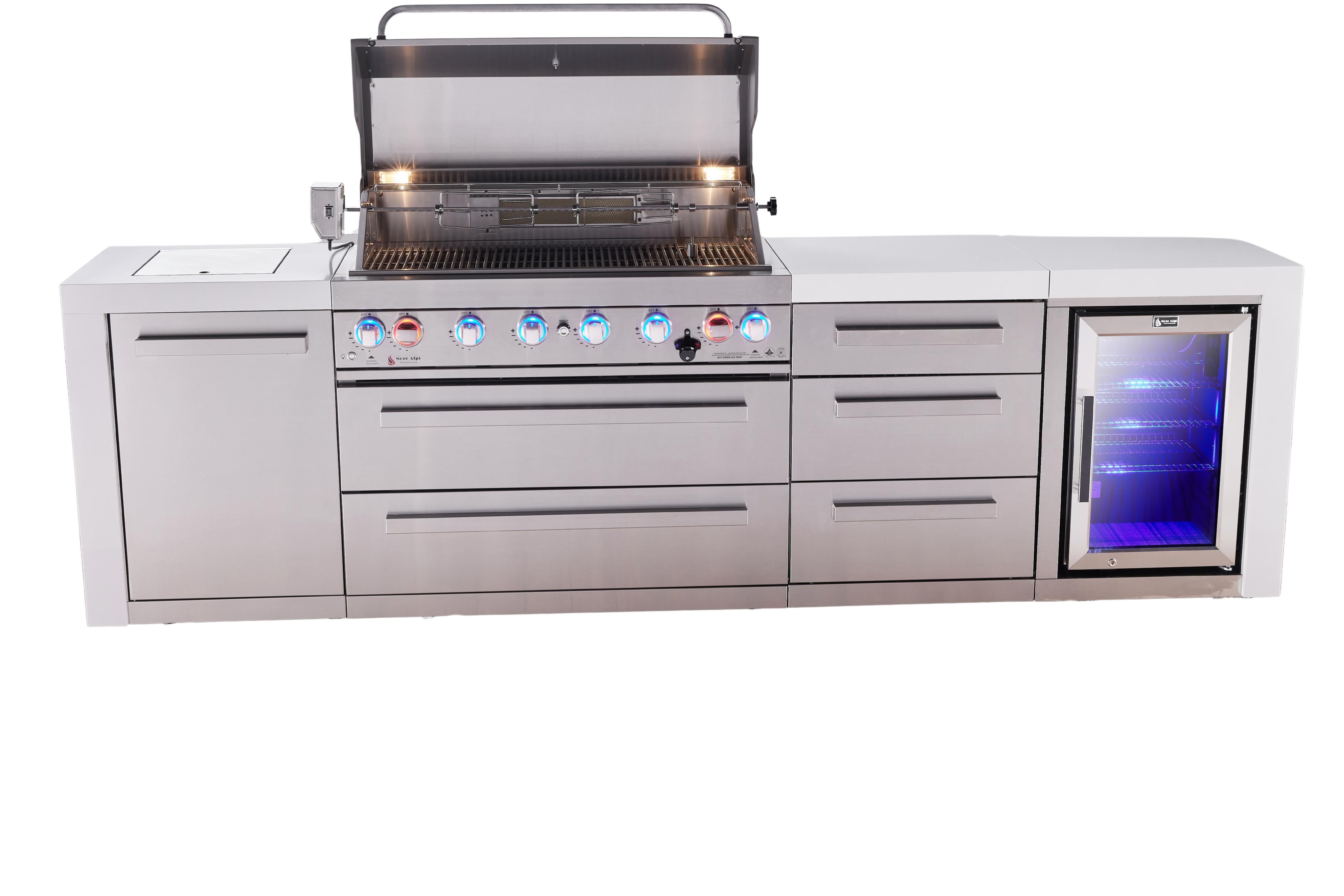 Mont Alpi 6-burner deluxe series outdoor kitchen island with fridge and extra drawer slides cabinet module - Mont Alpi Canada