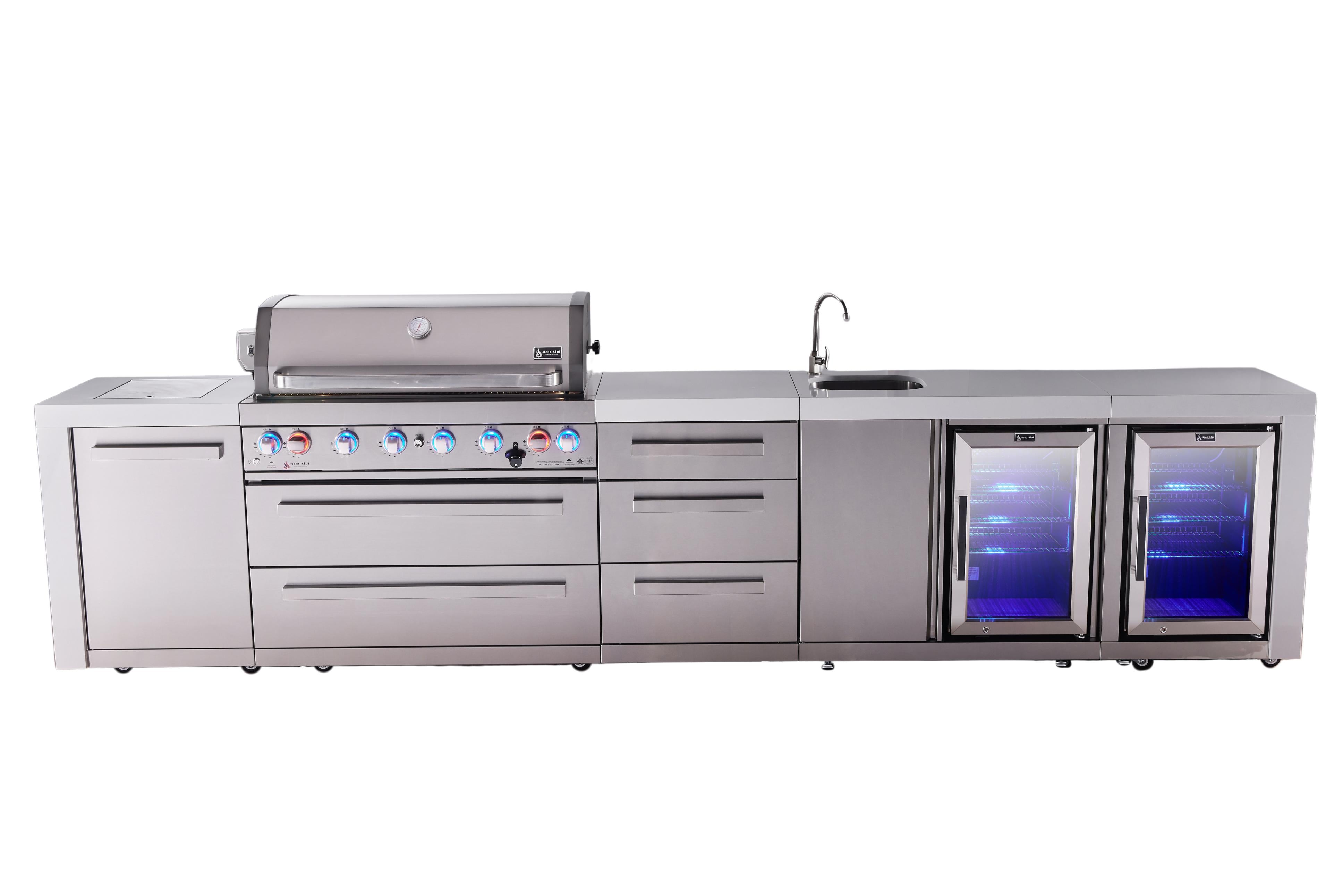 Mont Alpi 6-burner deluxe series outdoor kitchen island with beverage center and corner fridge module plus extra drawer slides cabinet - Mont Alpi Canada