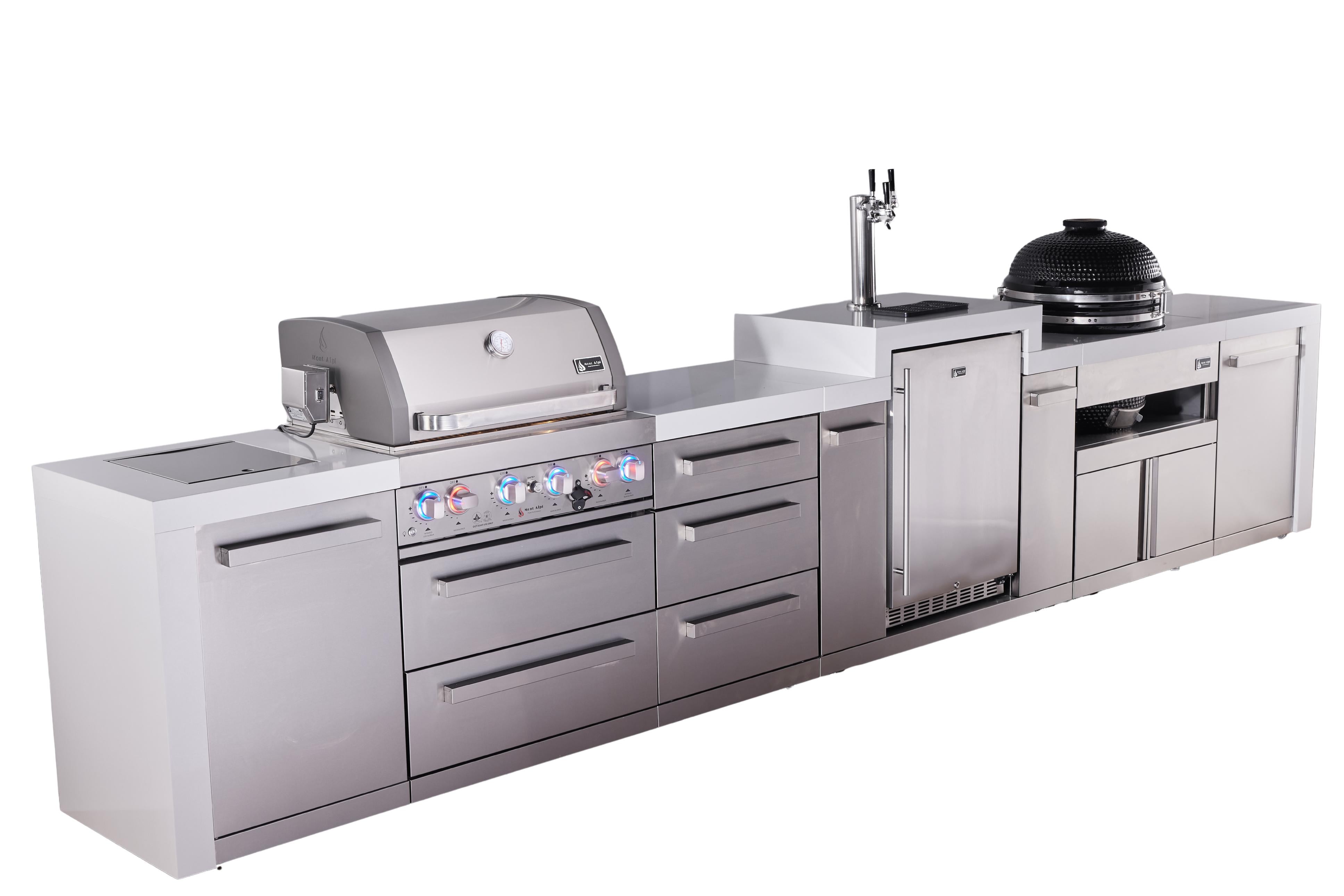 Mont Alpi 4-burner deluxe series outdoor kitchen island with kegerator and kamado grill module plus extra storage drawer slides - Mont Alpi Canada