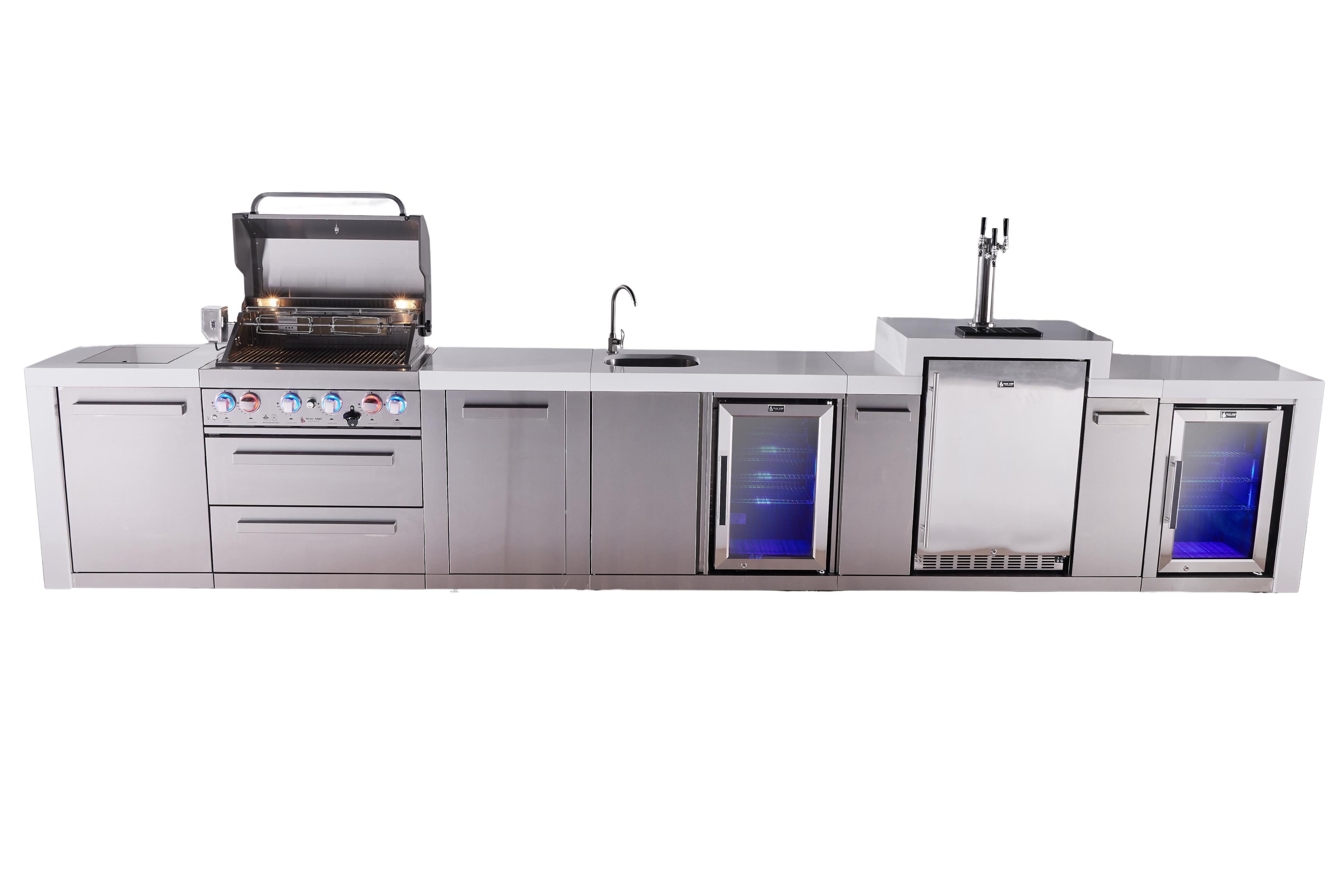 Mont Alpi 4-burner deluxe series outdoor kitchen island with beverage center, kegerator and corner fridge module plus extra storage cabinet - Mont Alpi Canada