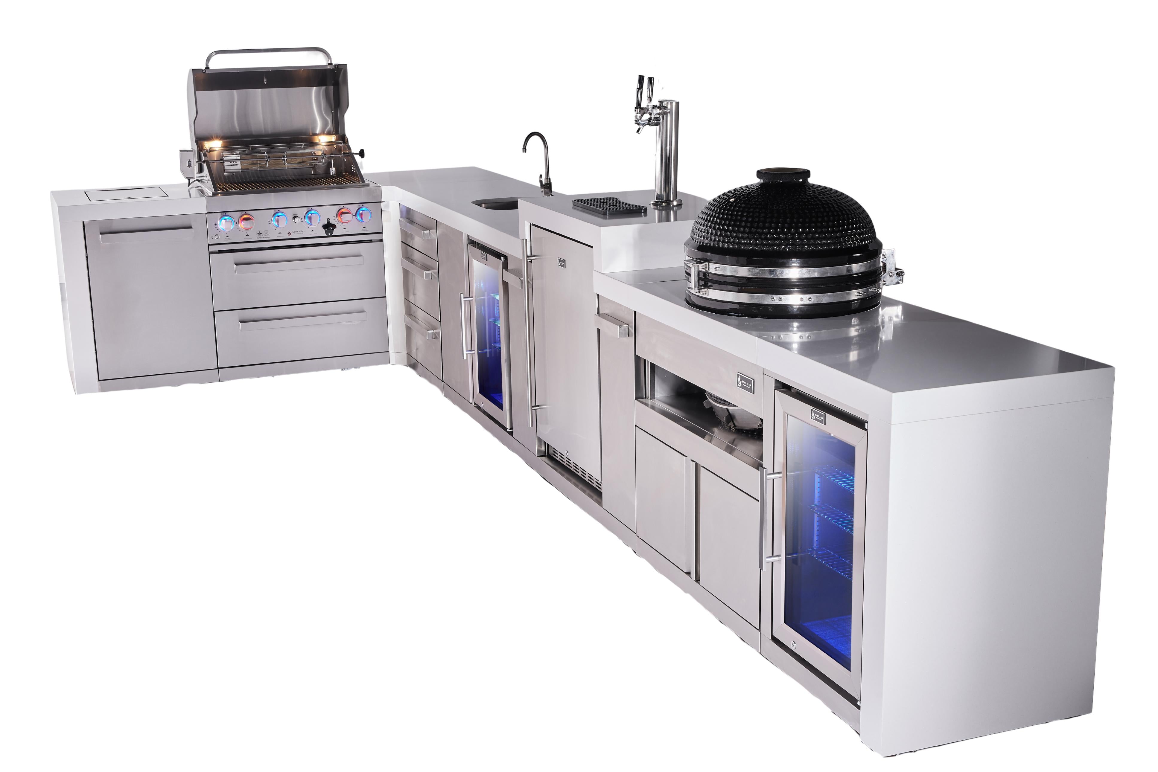 Mont Alpi 4-burner L-shaped deluxe series outdoor kitchen island with beverage center, kegerator, kamado and corner fridge module plus extra drawer slides cabinet - Mont Alpi Canada