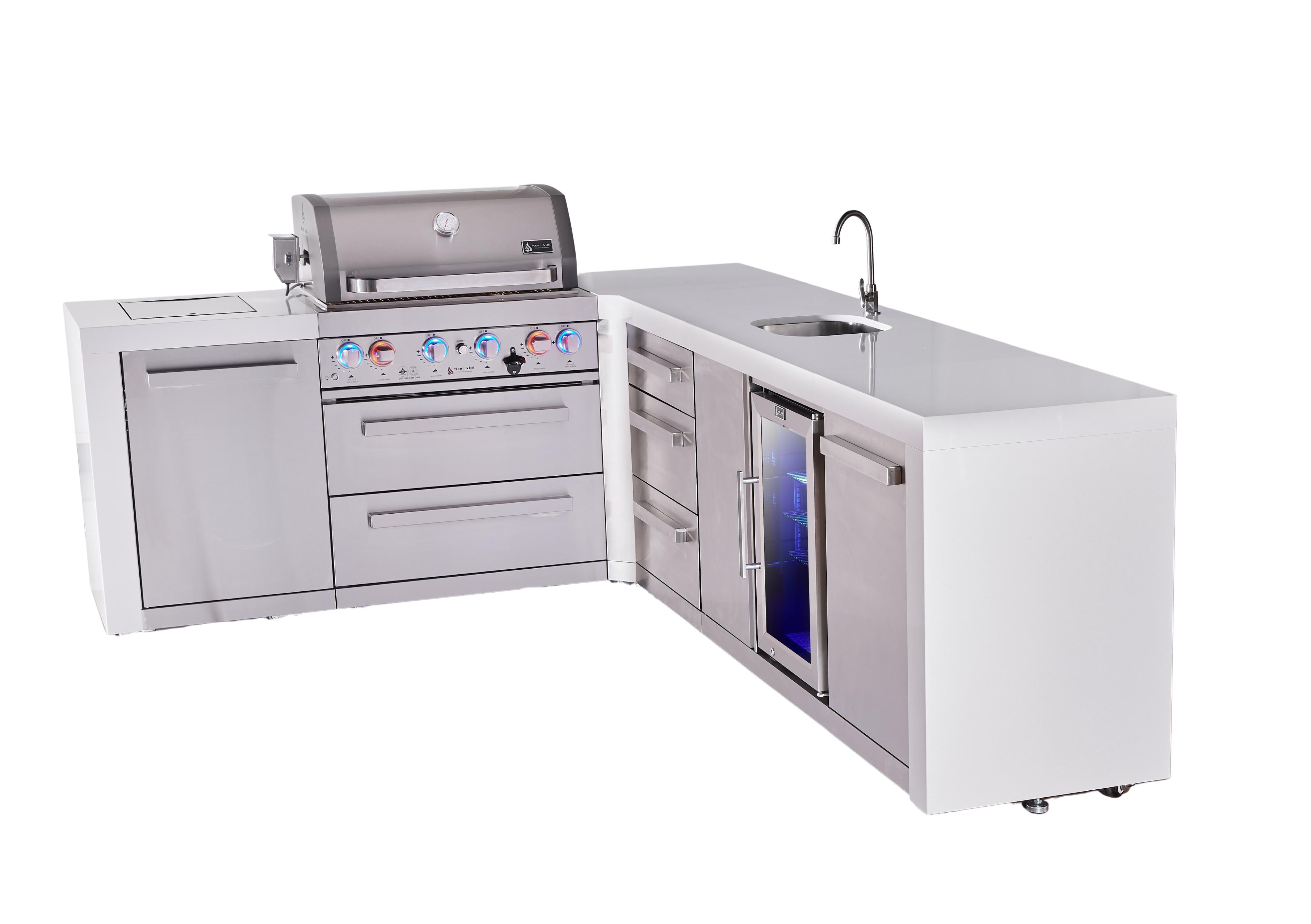 Mont Alpi 4-burner L-shaped deluxe series outdoor kitchen island with beverage center and extra drawer slides cabinet - Mont Alpi Canada