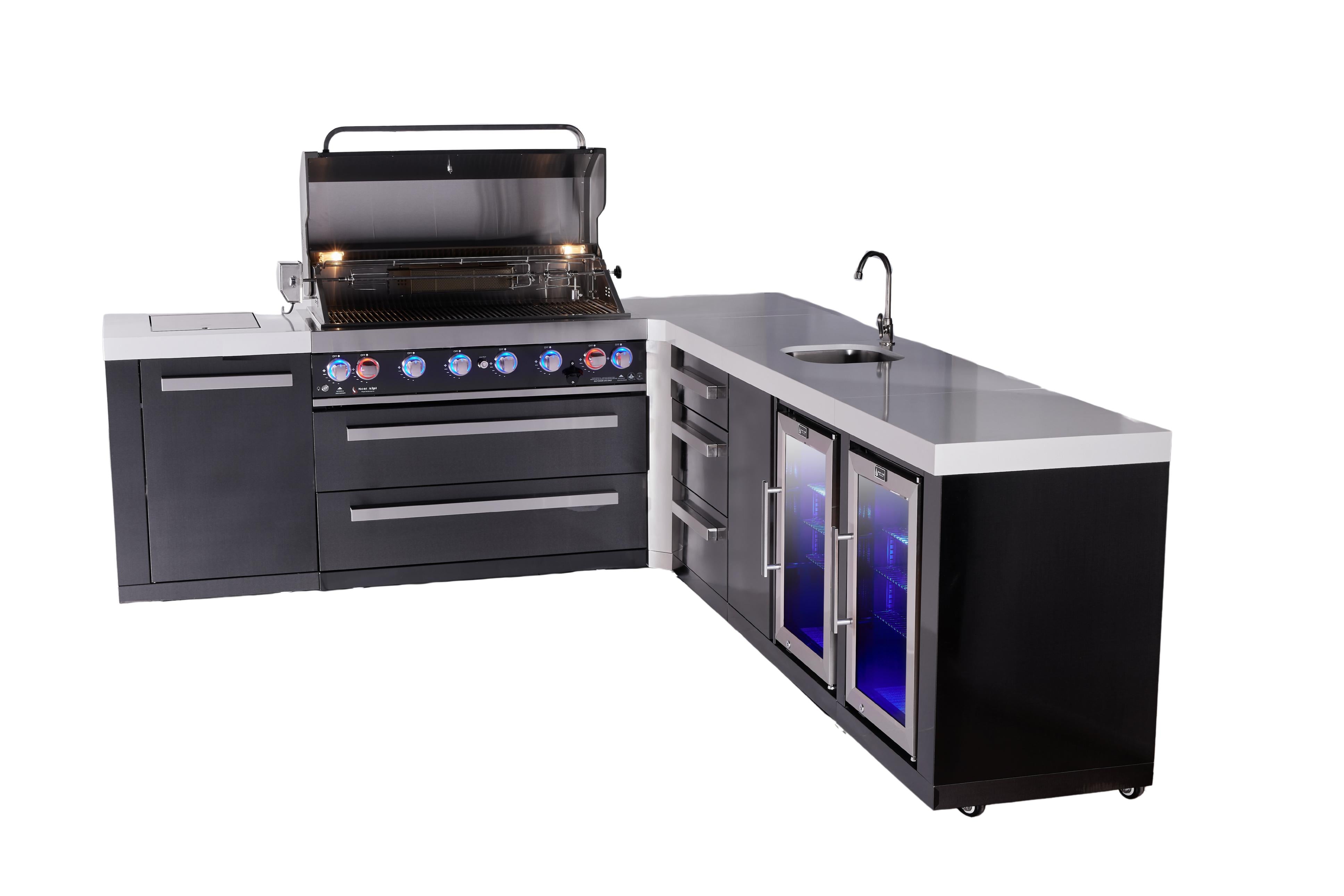 Mont Alpi 6-burner L-shaped black series outdoor kitchen island with beverage center and corner fridge module plus extra drawer slides cabinet - Mont Alpi Canada