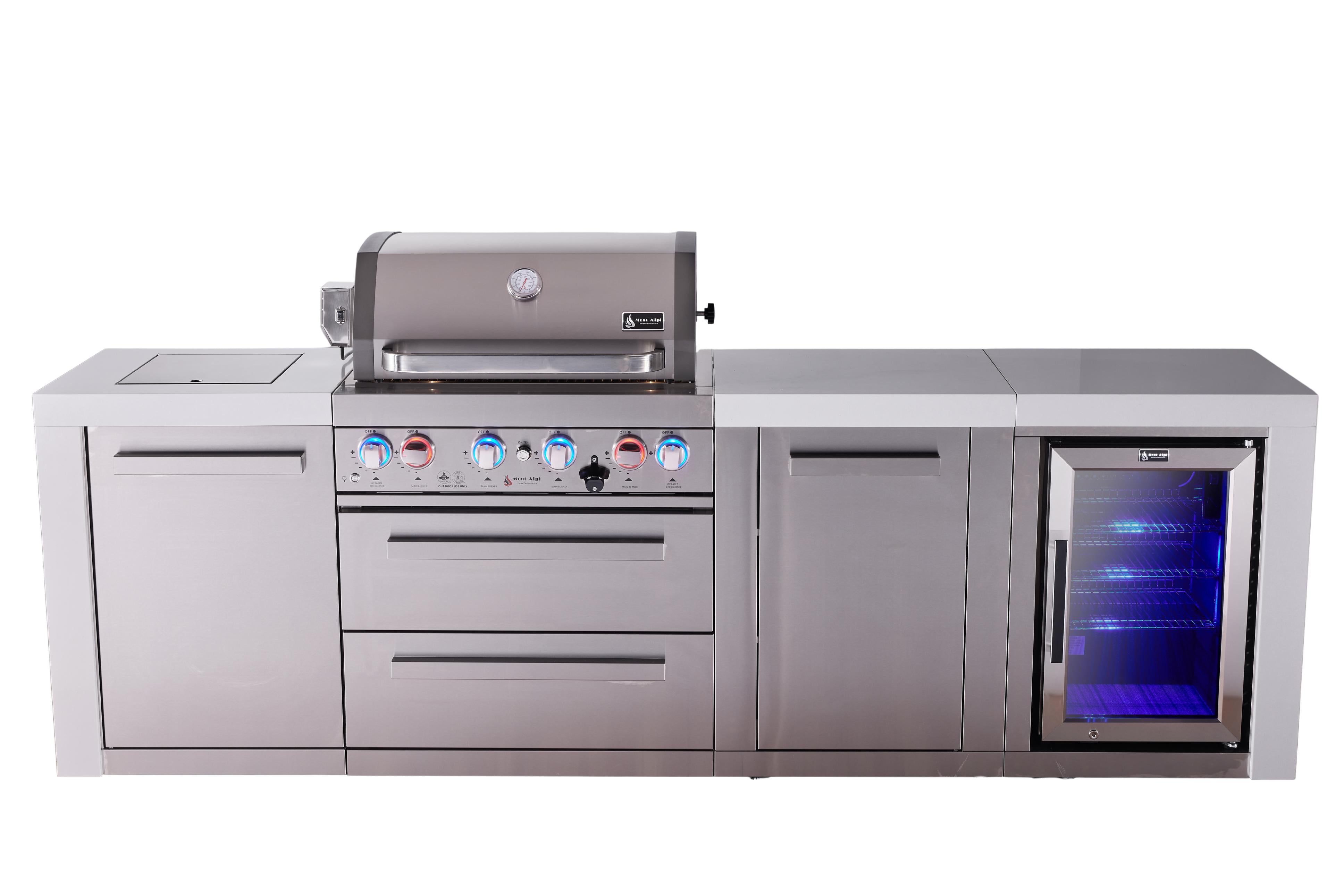 Mont Alpi 4-burner deluxe series outdoor kitchen island with fridge and extra storage cabinet module - Mont Alpi Canada
