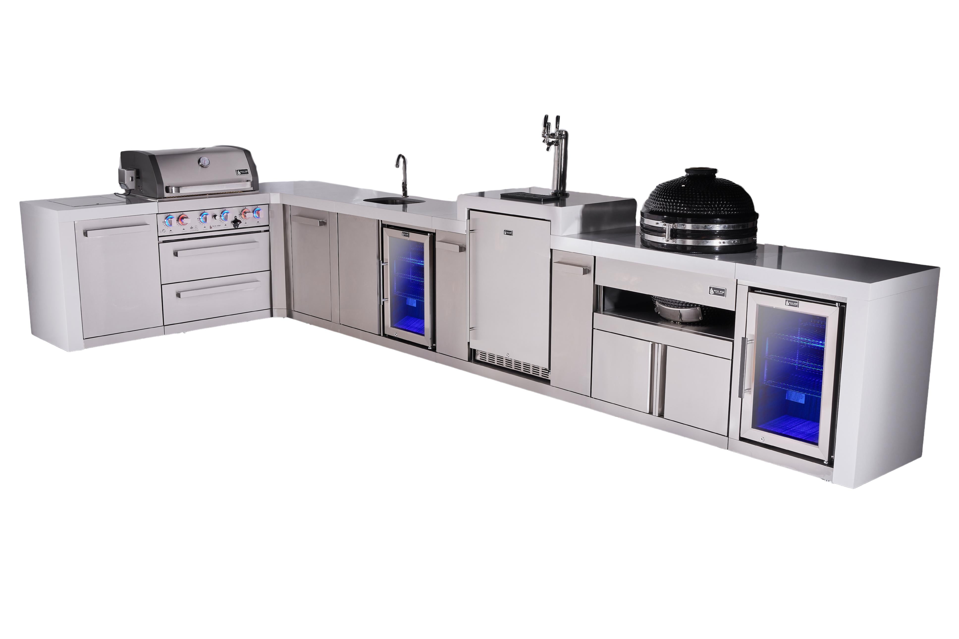 Mont Alpi 4-burner L-shaped deluxe series outdoor kitchen island with beverage center, kegerator, kamado and corner fridge module plus extra storage cabinet - Mont Alpi Canada