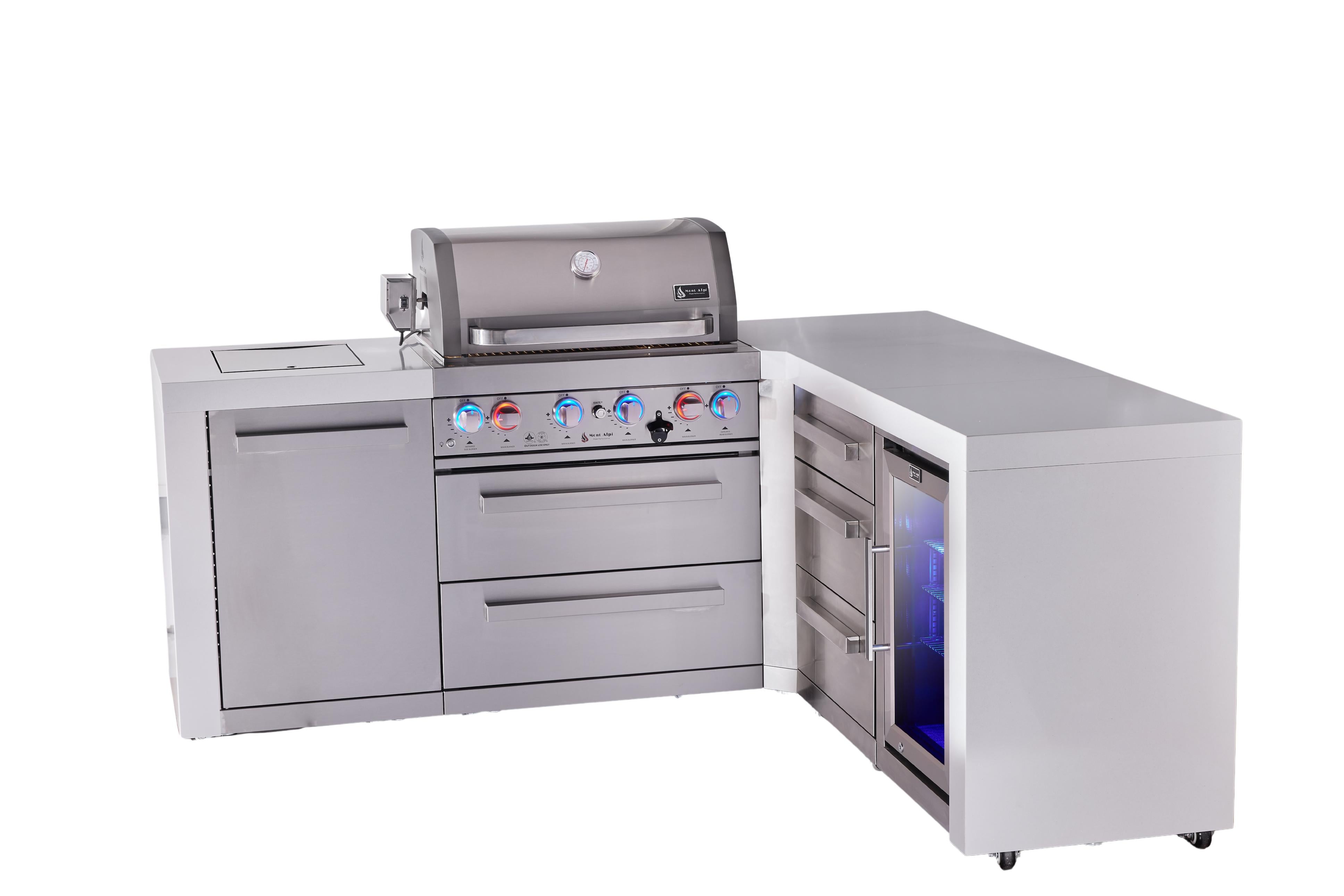 Mont Alpi 4-burner L-shaped deluxe series outdoor kitchen island with corner fridge and extra drawer slides cabinet module - Mont Alpi Canada