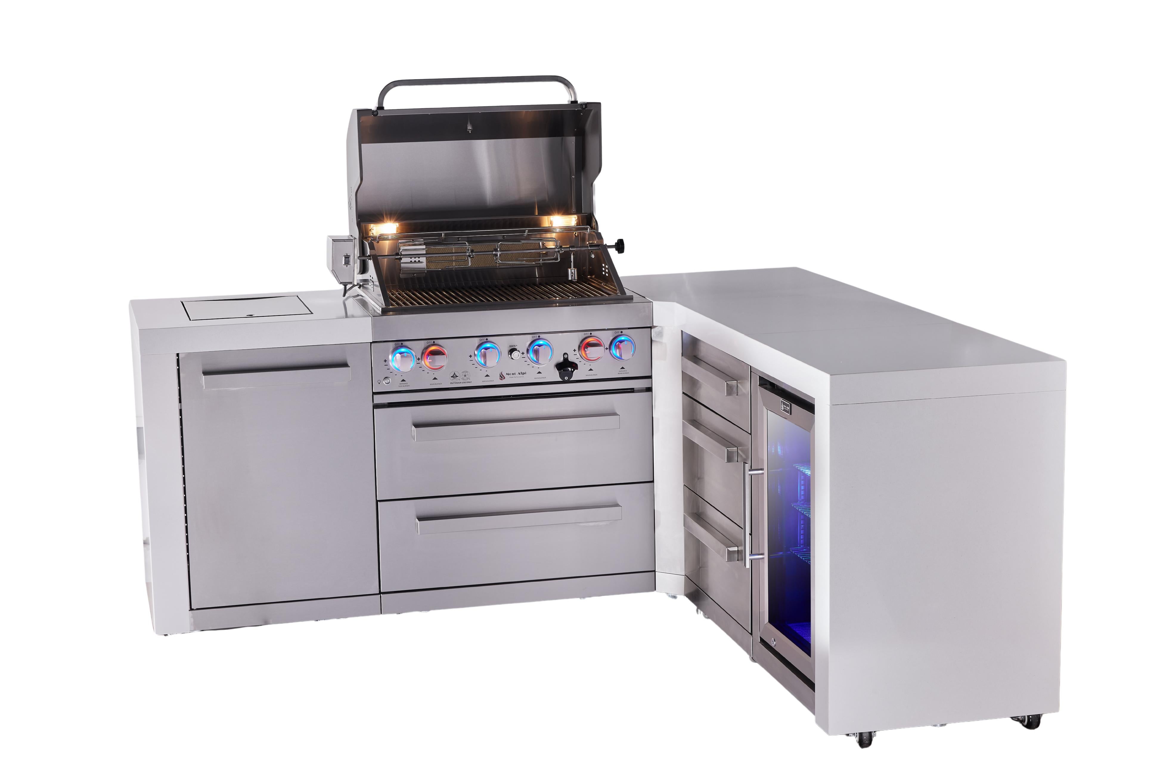 Mont Alpi 4-burner L-shaped deluxe series outdoor kitchen island with corner fridge and extra drawer slides cabinet module - Mont Alpi Canada