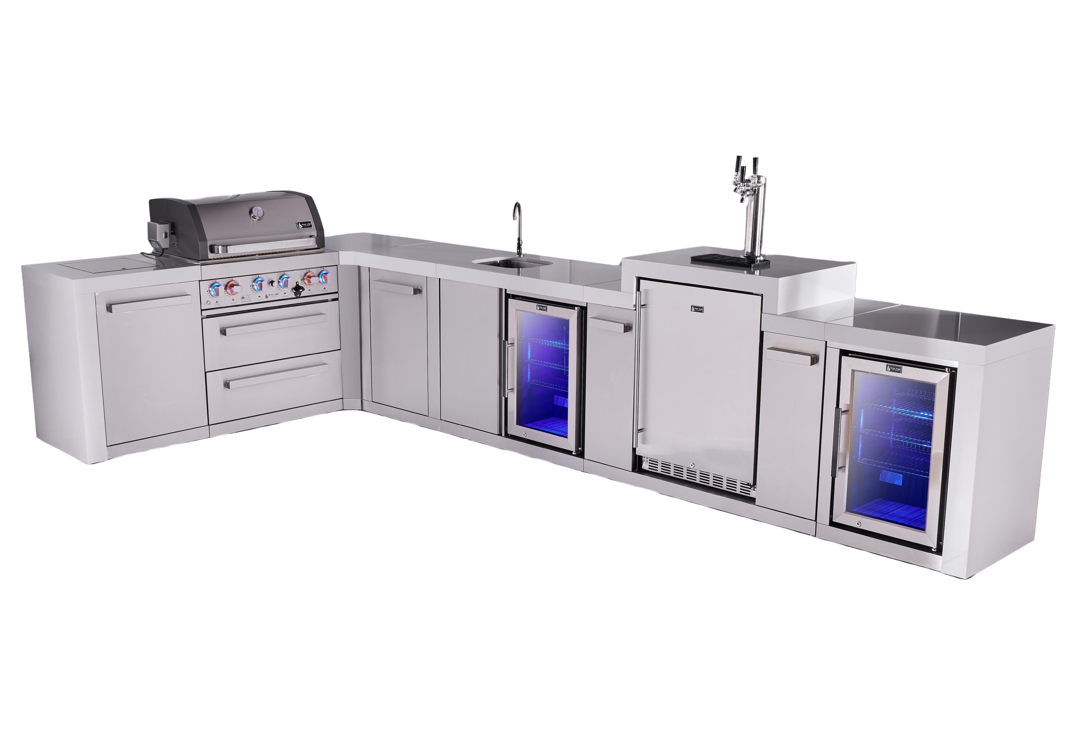 Mont Alpi 4-burner L-shaped deluxe series outdoor kitchen island with beverage center, kegerator and corner fridge module plus extra storage cabinet - Mont Alpi Canada