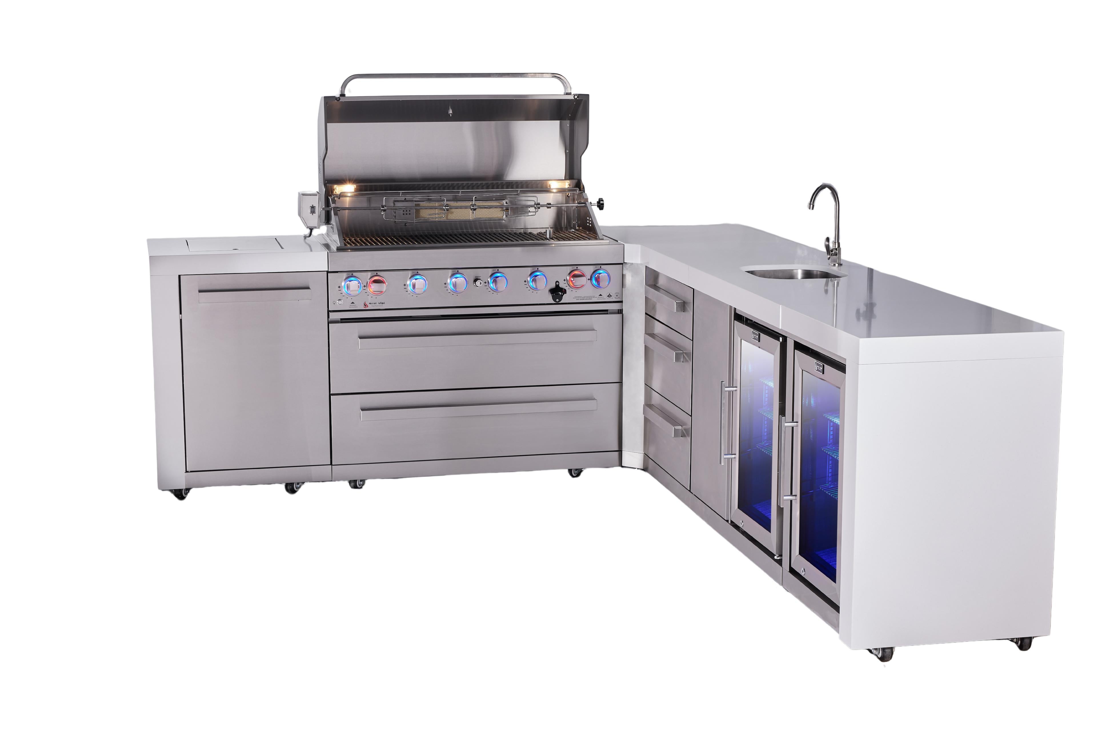 Mont Alpi 6-burner L-shaped deluxe series outdoor kitchen island with beverage center and corner fridge module plus extra drawer slides cabinet - Mont Alpi Canada