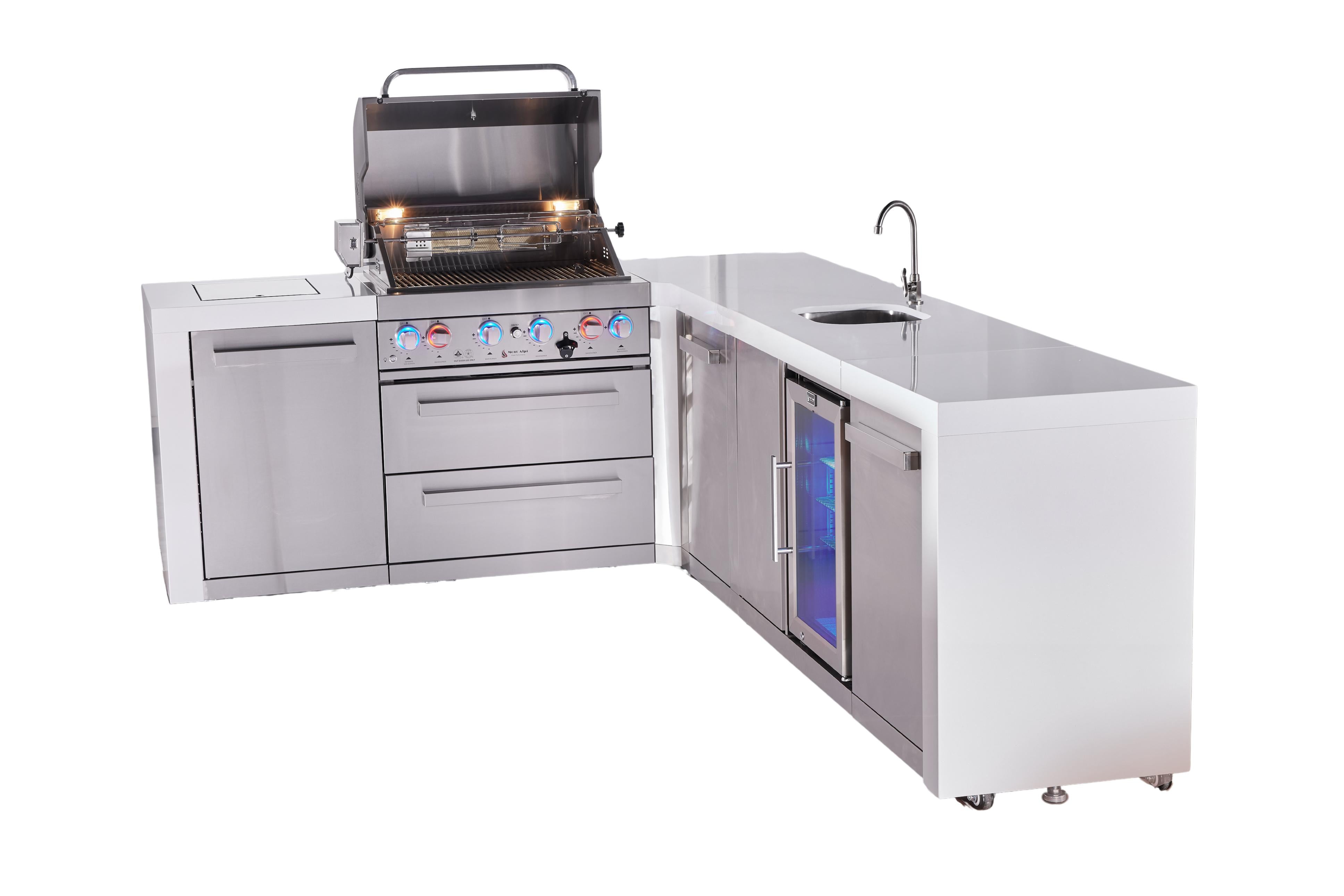 Mont Alpi 4-burner L-shaped deluxe series outdoor kitchen island with beverage center and extra storage cabinet module - Mont Alpi Canada