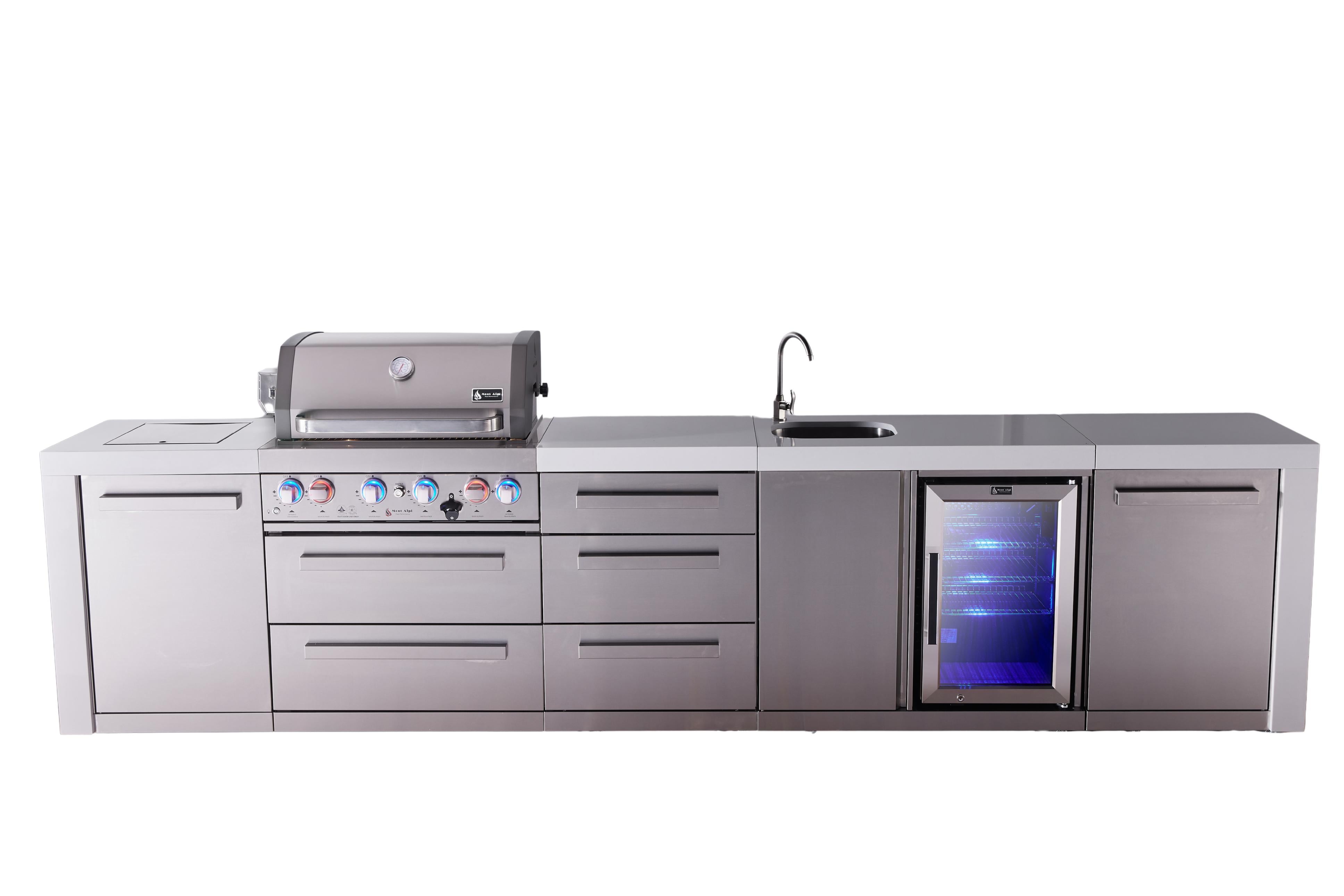 Mont Alpi 4-burner deluxe series outdoor kitchen island with beverage center and extra storage drawer slides module - Mont Alpi Canada
