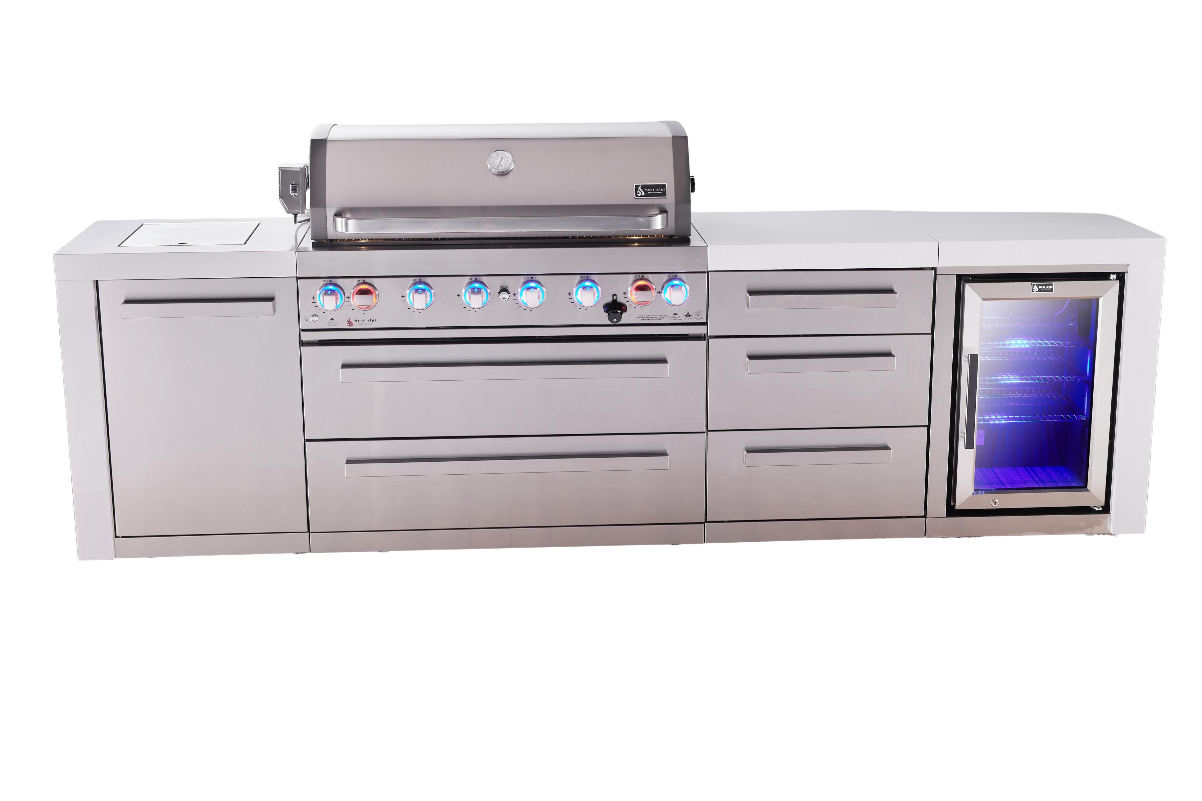 Mont Alpi 6-burner deluxe series outdoor kitchen island with fridge and extra drawer slides cabinet module - Mont Alpi Canada