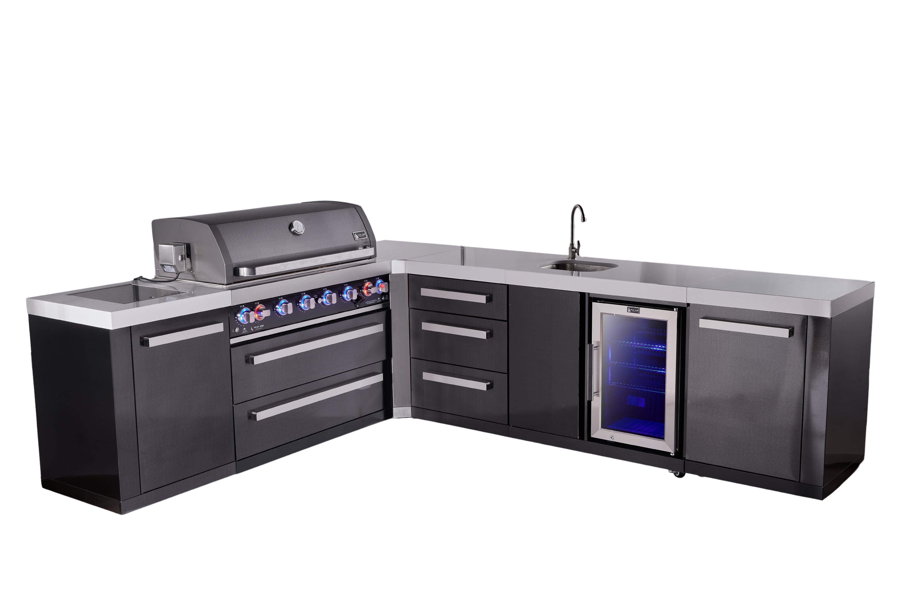 Mont Alpi 6-burner L-shaped black series outdoor kitchen island with beverage center and extra drawer slides cabinet module - Mont Alpi Canada
