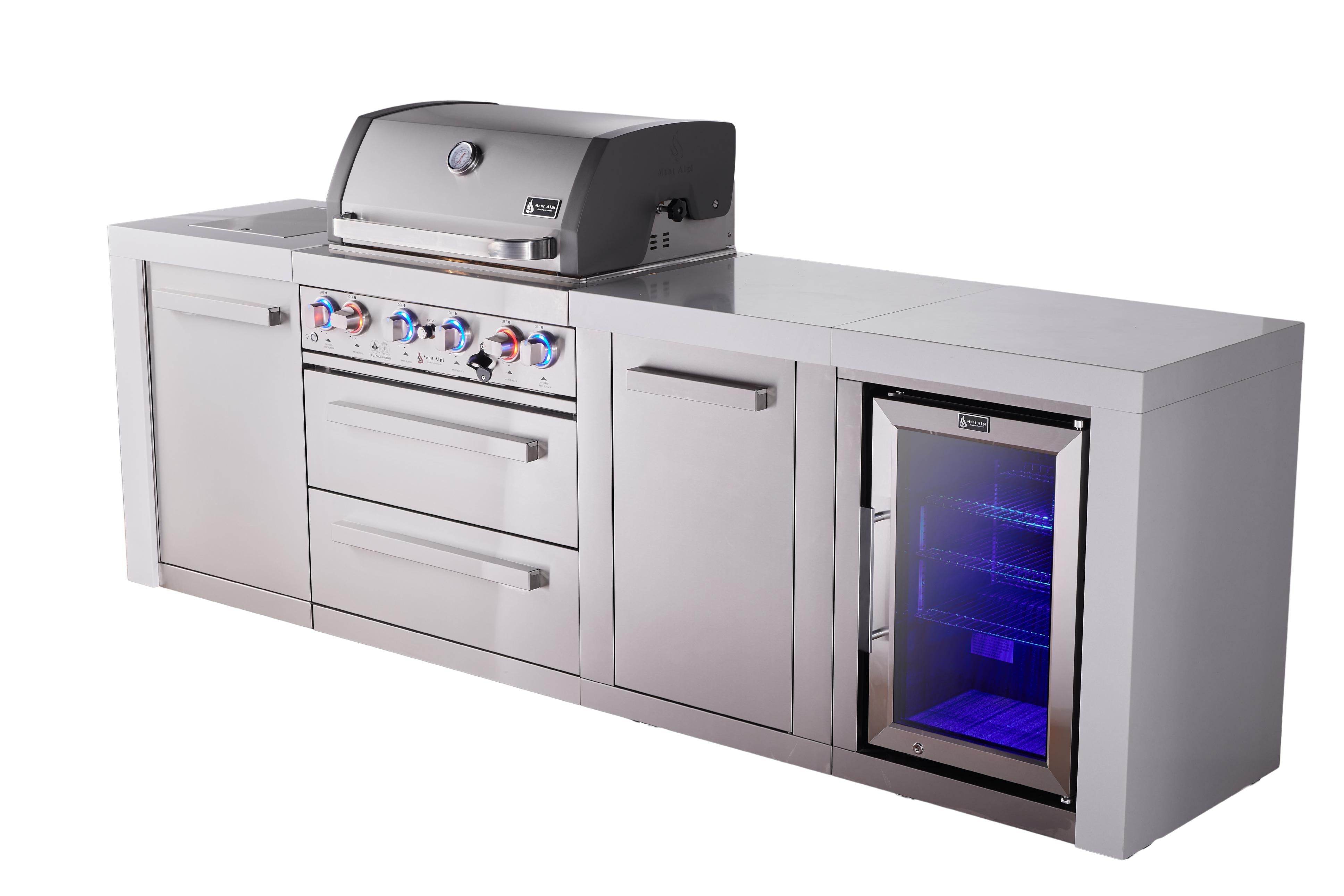 Mont Alpi 4-burner deluxe series outdoor kitchen island with fridge and extra storage cabinet module - Mont Alpi Canada
