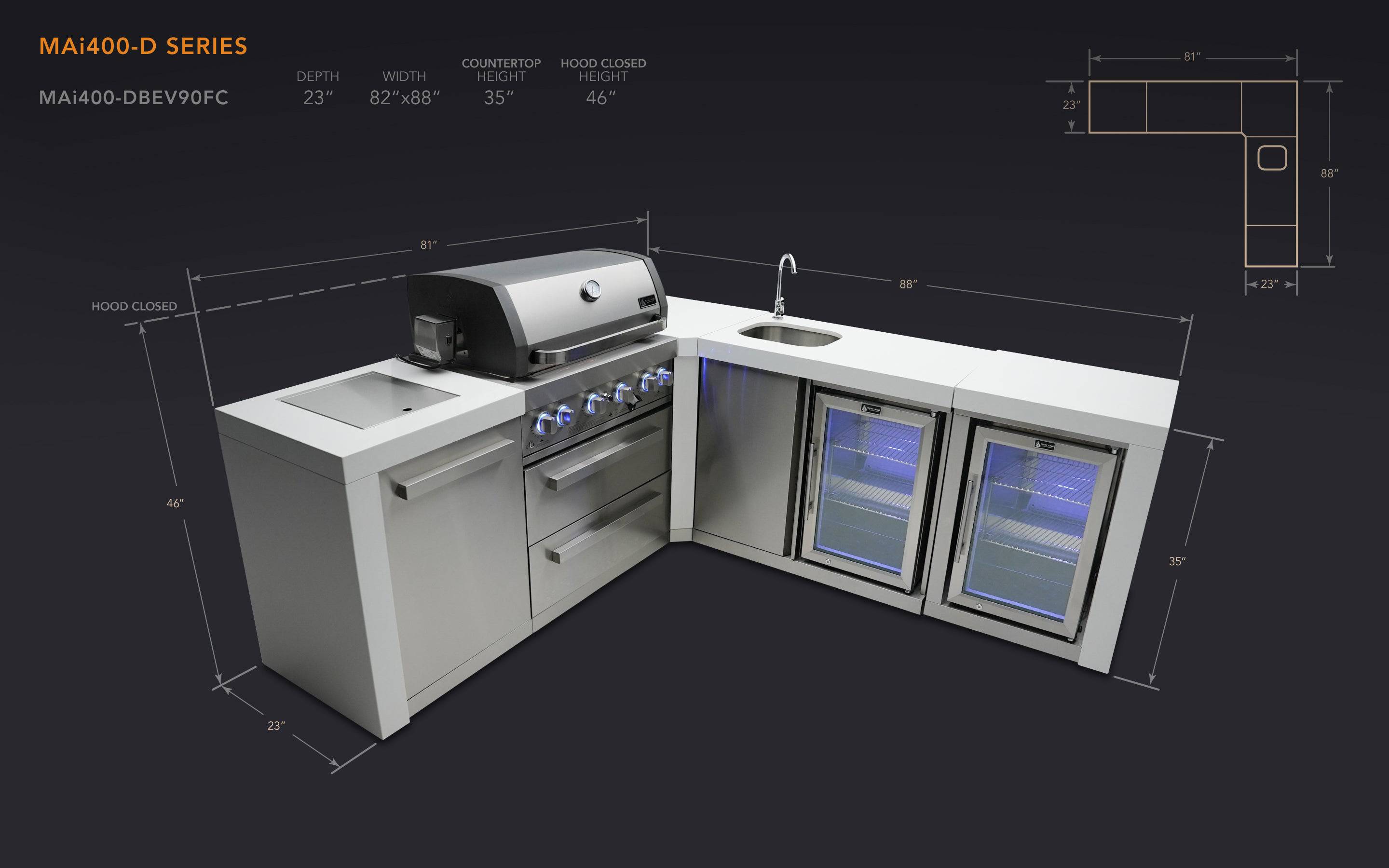 Mont Alpi 400 Deluxe Island with a 90 Degree Corner, Beverage center and Fridge Cabinet - Mont Alpi